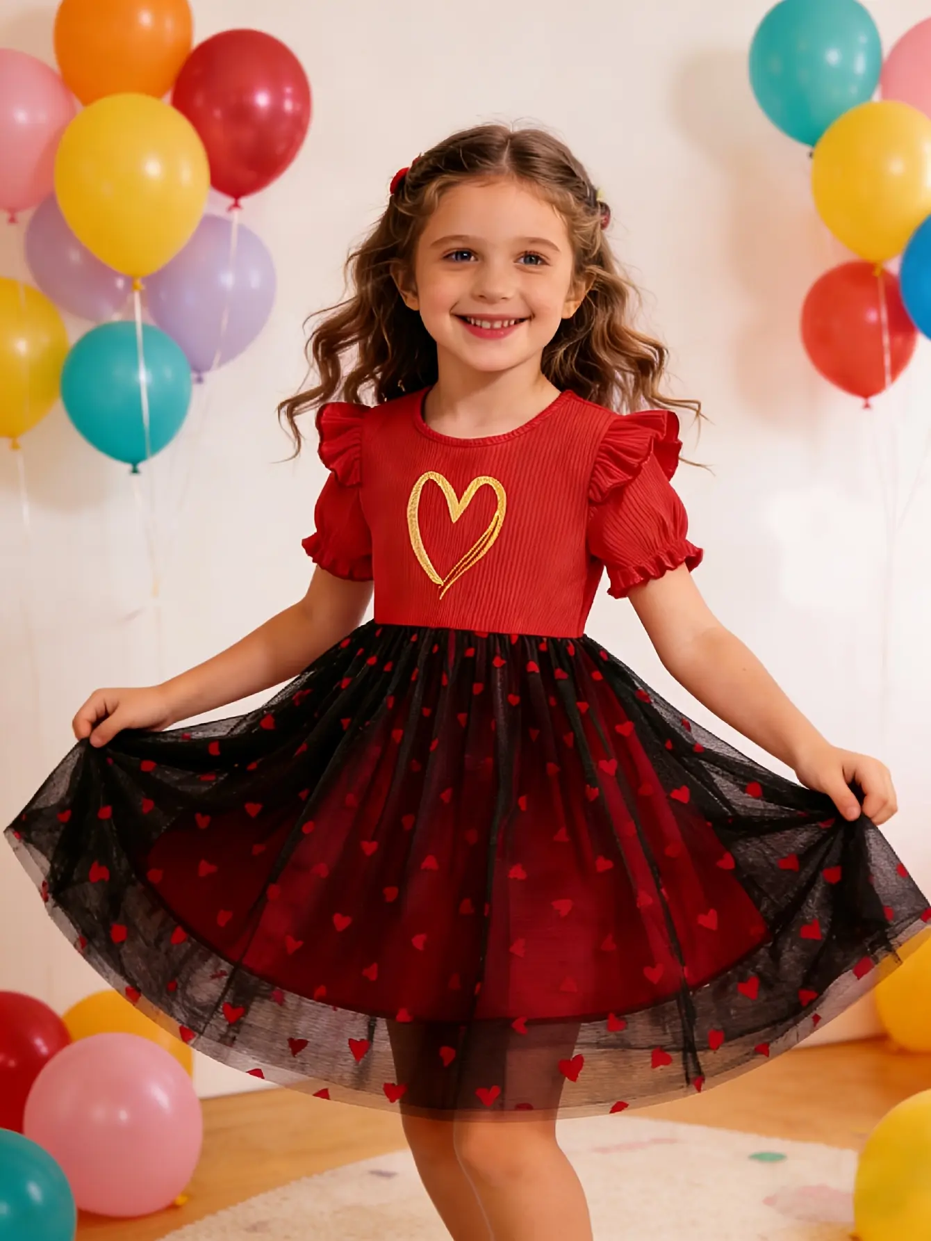 Girls Red and Black Heart Tulle Princess Dress by LUNORIANA