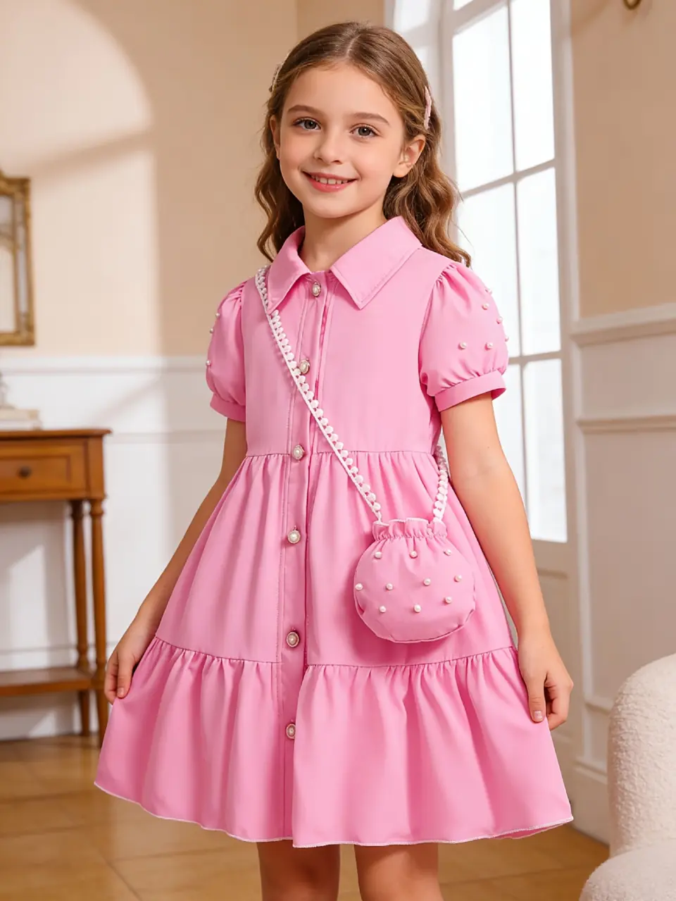 Girls Pearl Sleeve A-Line Dress with Mini Pearl Bag by LUNORIANA