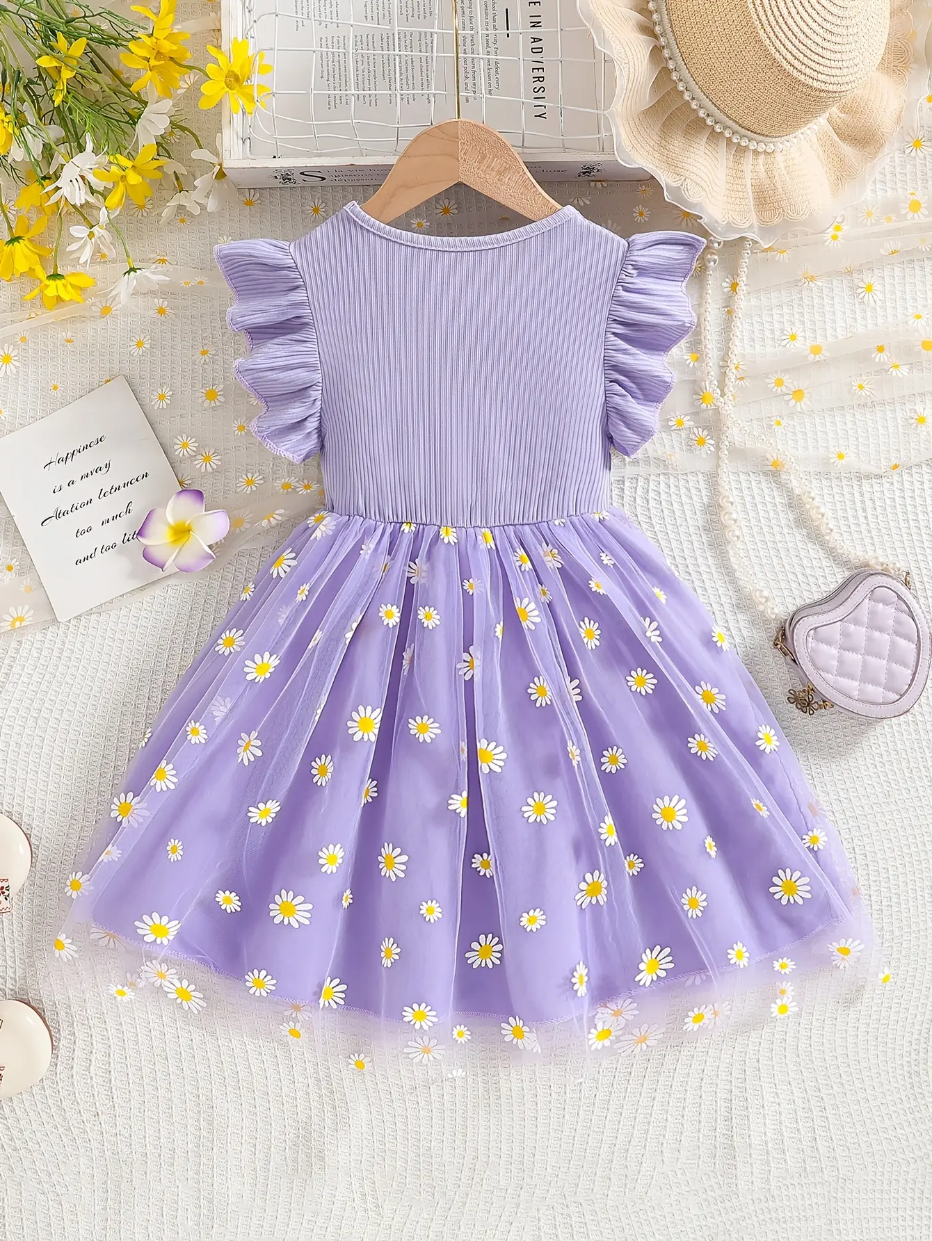 Detail 2 of Girls Daisy Print Tulle Dress with Bow Detail by LUNORIANA