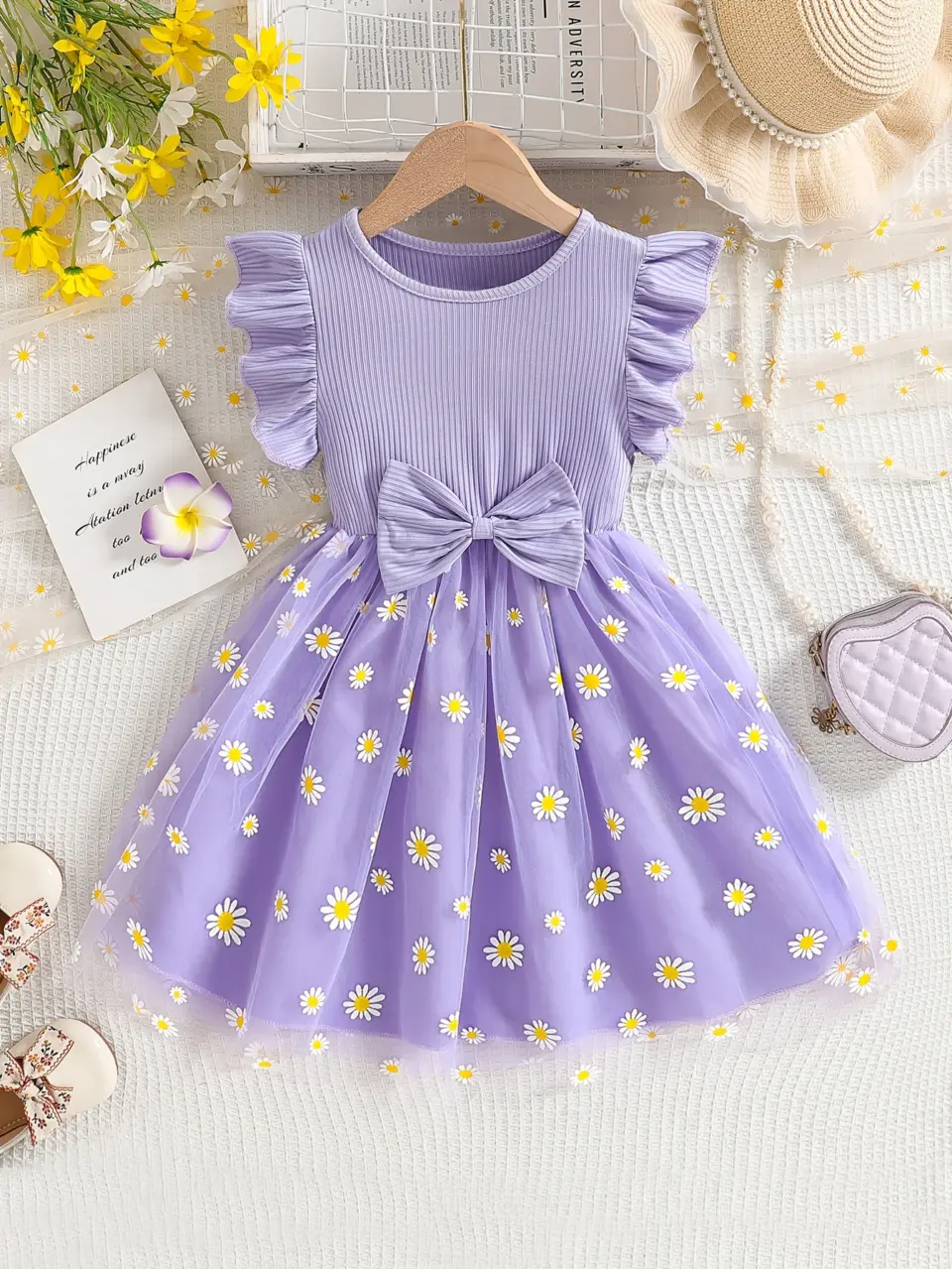 Girls Daisy Print Tulle Dress with Bow Detail by LUNORIANA