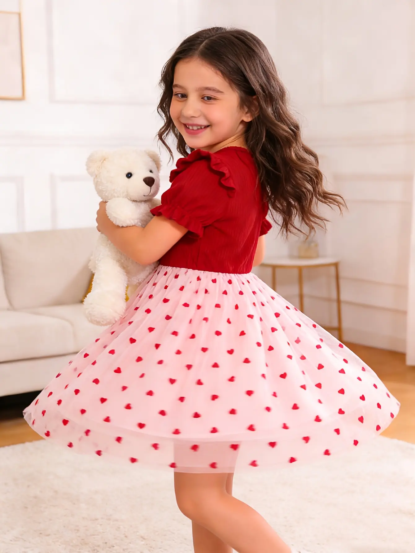 Detail 4 of Girls Red Heart Tulle Valentine's Dress by LUNORIANA