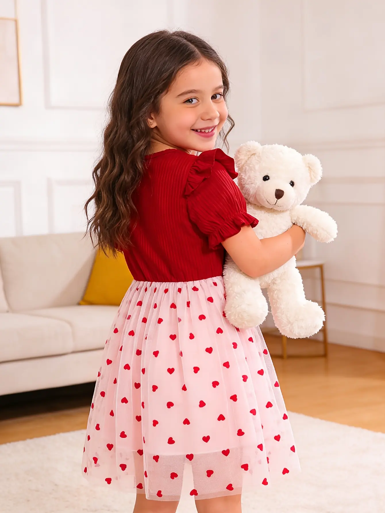 Detail 2 of Girls Red Heart Tulle Valentine's Dress by LUNORIANA