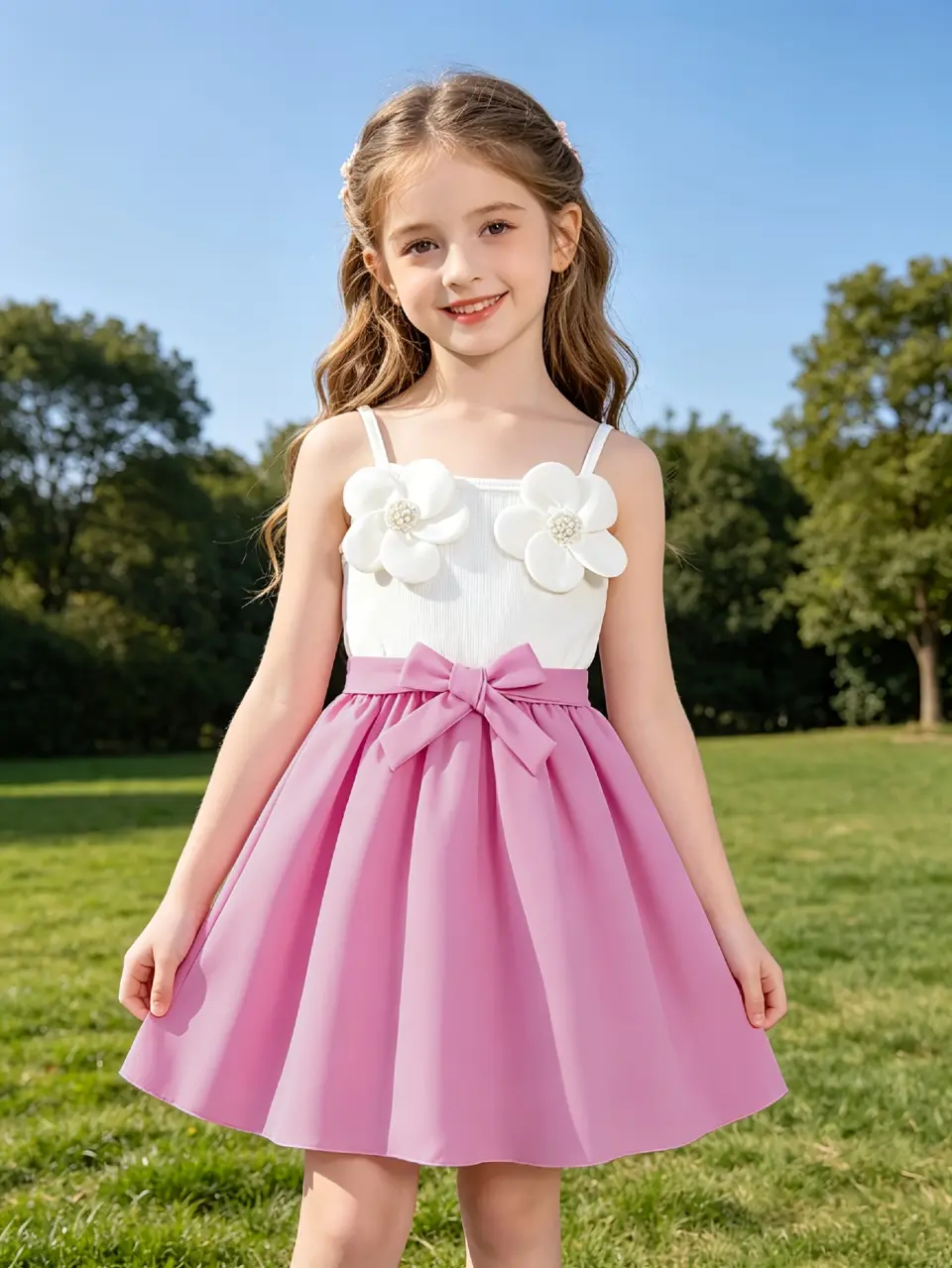 Girls Floral Strap Dress with Belted Waist by LUNORIANA