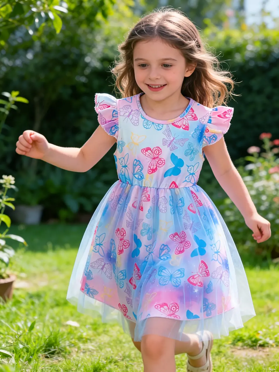 Girls Butterfly Print Tulle Summer Dress in multicolor by LUNORIANA