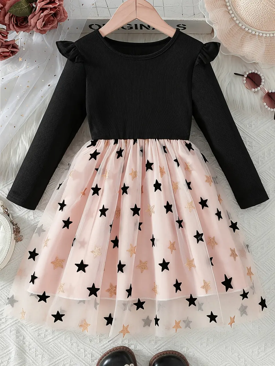 Girls Black Ribbed Star Tulle Dress by LUNORIANA