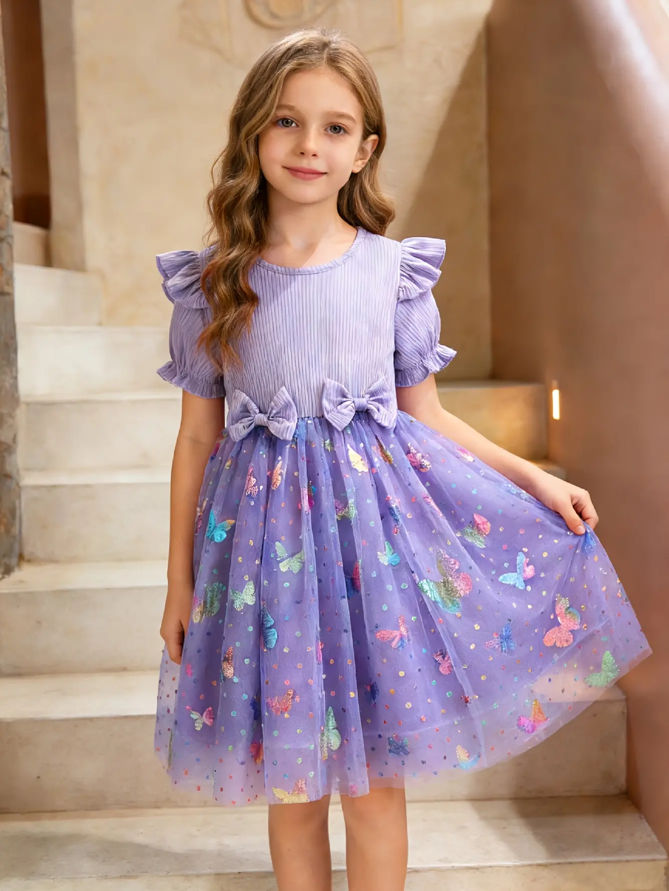 Detail 13 of Girls Ribbed 3D Butterfly Tulle Dress by LUNORIANA