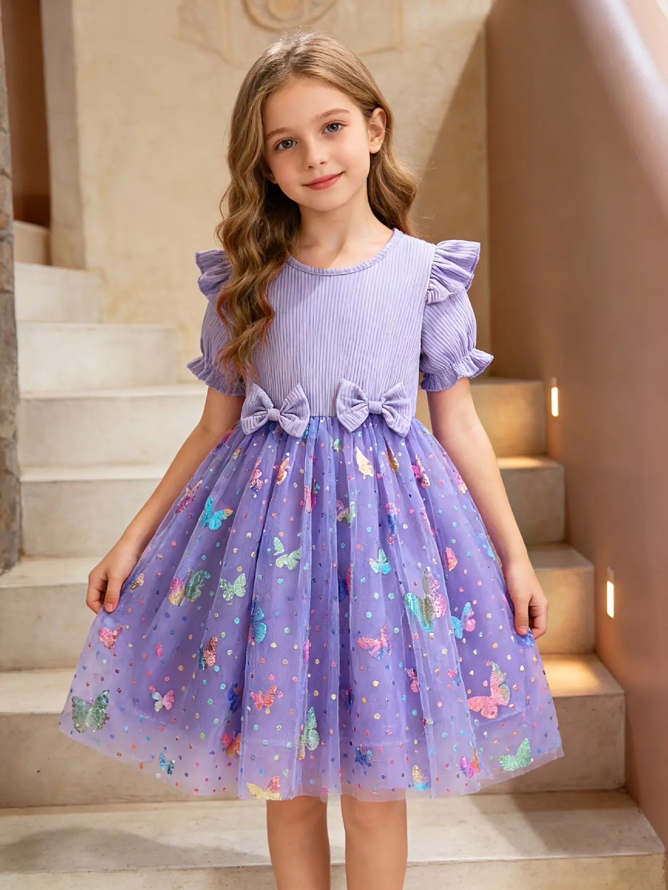 Detail view of Girls Ribbed 3D Butterfly Tulle Dress by LUNORIANA