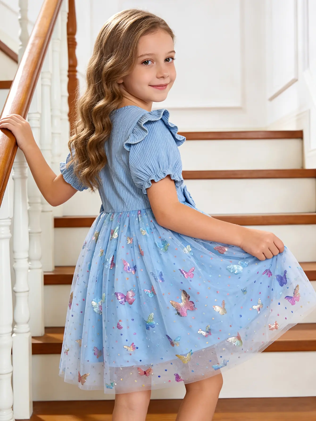 Detail 4 of Girls Ribbed 3D Butterfly Tulle Dress by LUNORIANA