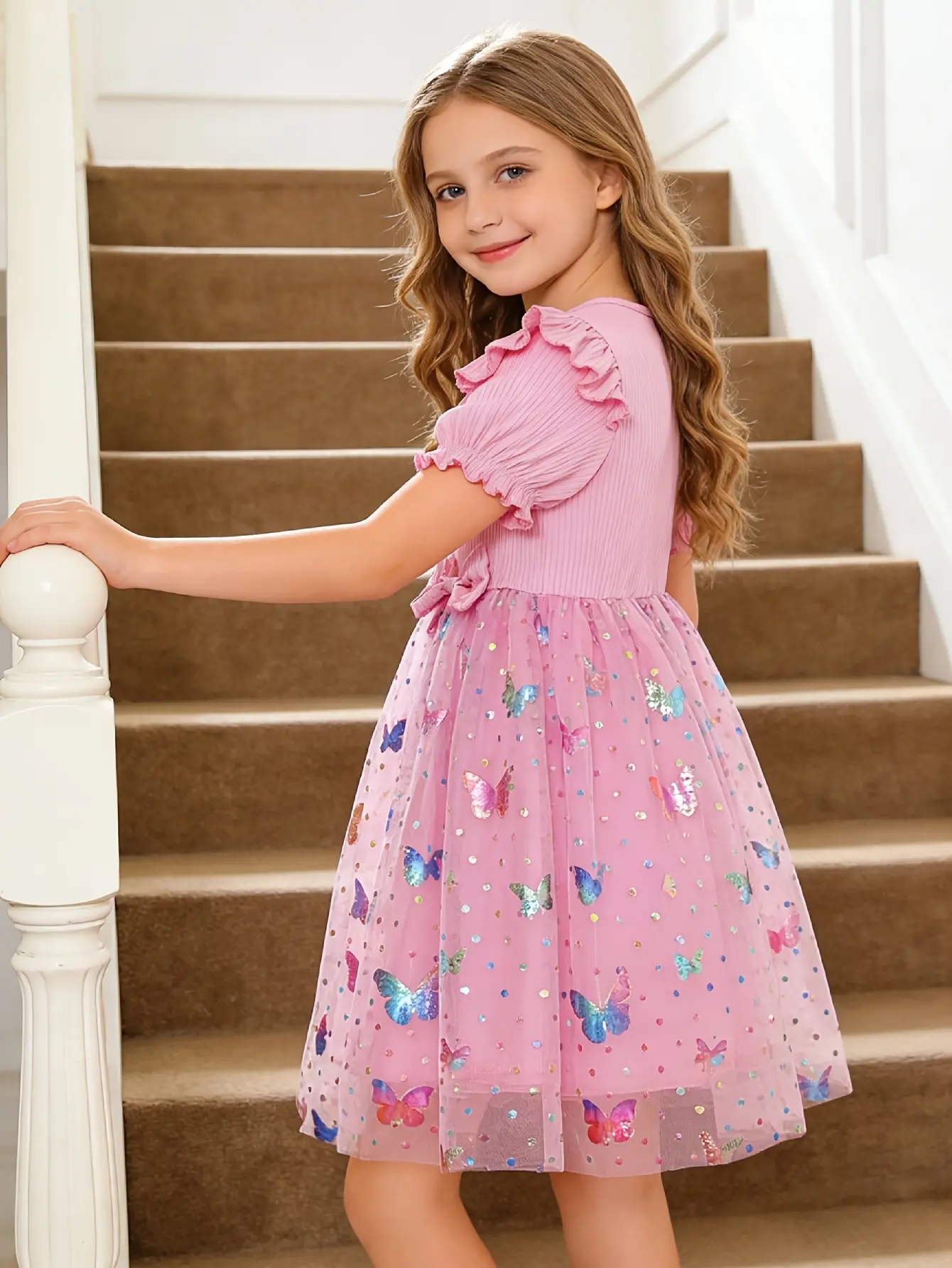 Detail 7 of Girls Ribbed 3D Butterfly Tulle Dress by LUNORIANA