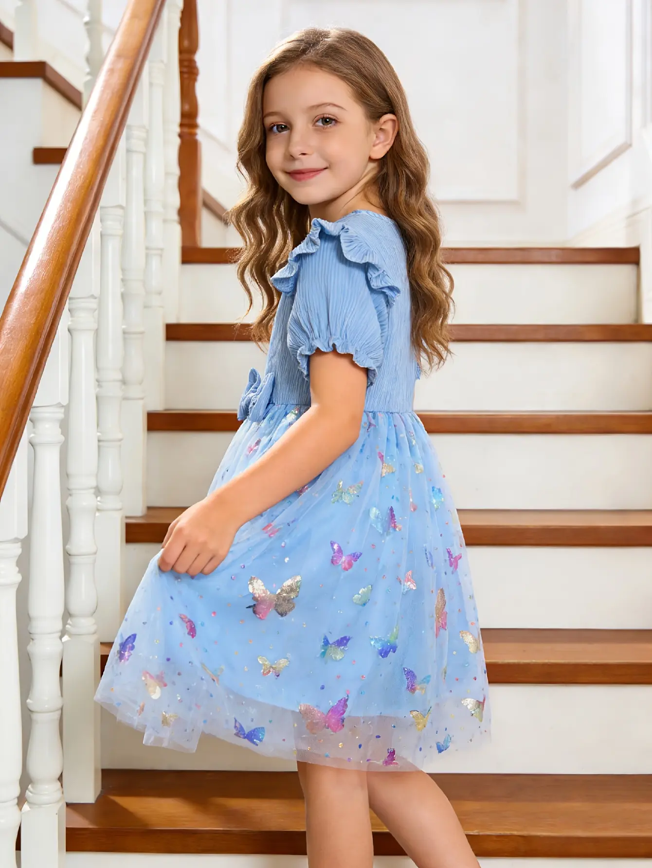 Detail 3 of Girls Ribbed 3D Butterfly Tulle Dress by LUNORIANA