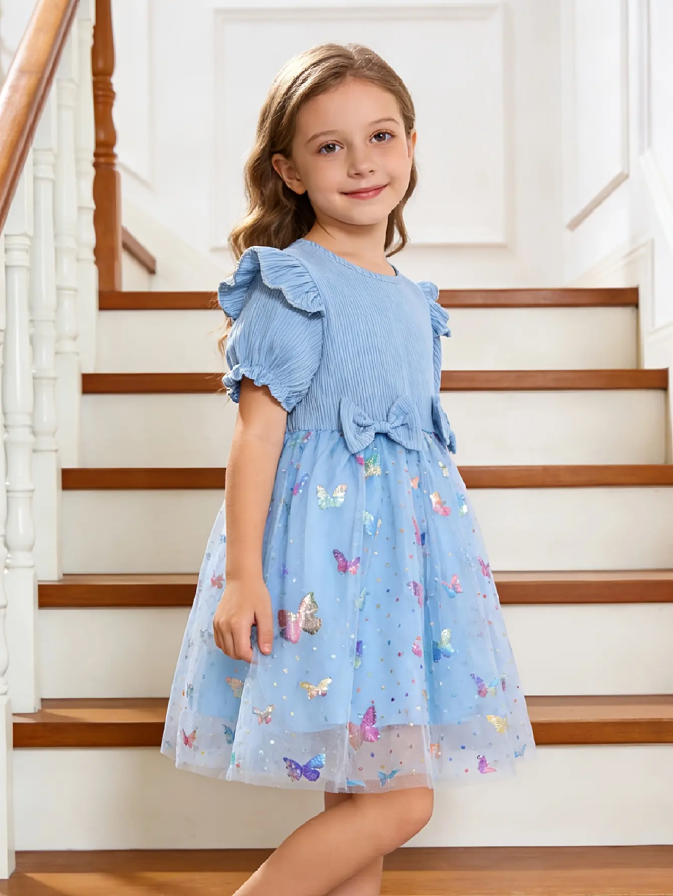 Detail 6 of Girls Ribbed 3D Butterfly Tulle Dress by LUNORIANA
