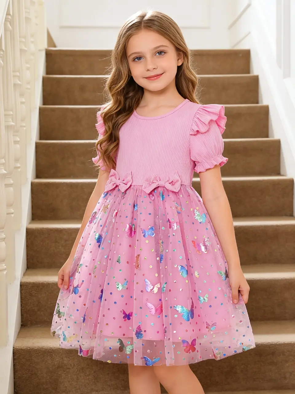 Detail view of Girls Ribbed 3D Butterfly Tulle Dress by LUNORIANA