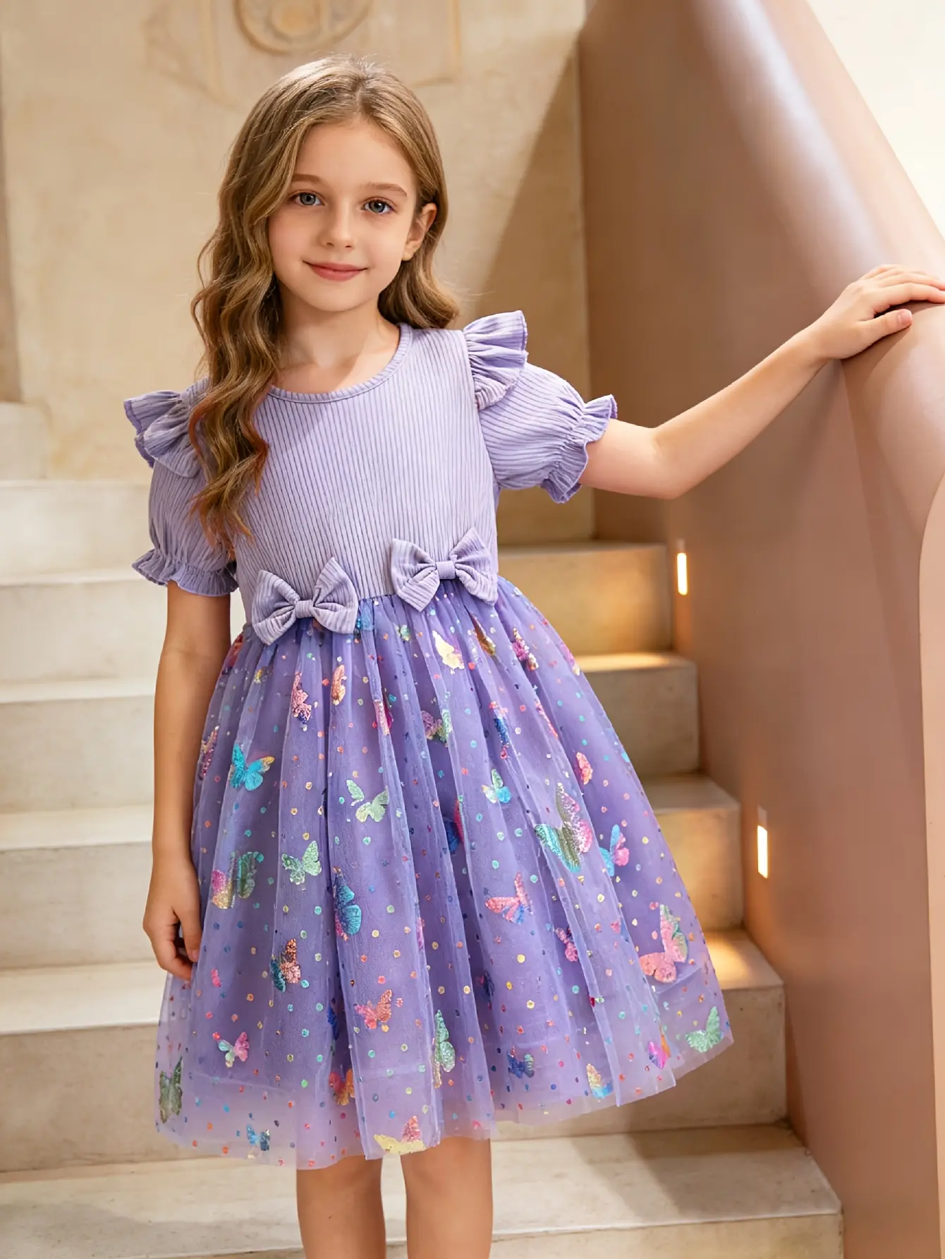 Detail 14 of Girls Ribbed 3D Butterfly Tulle Dress by LUNORIANA