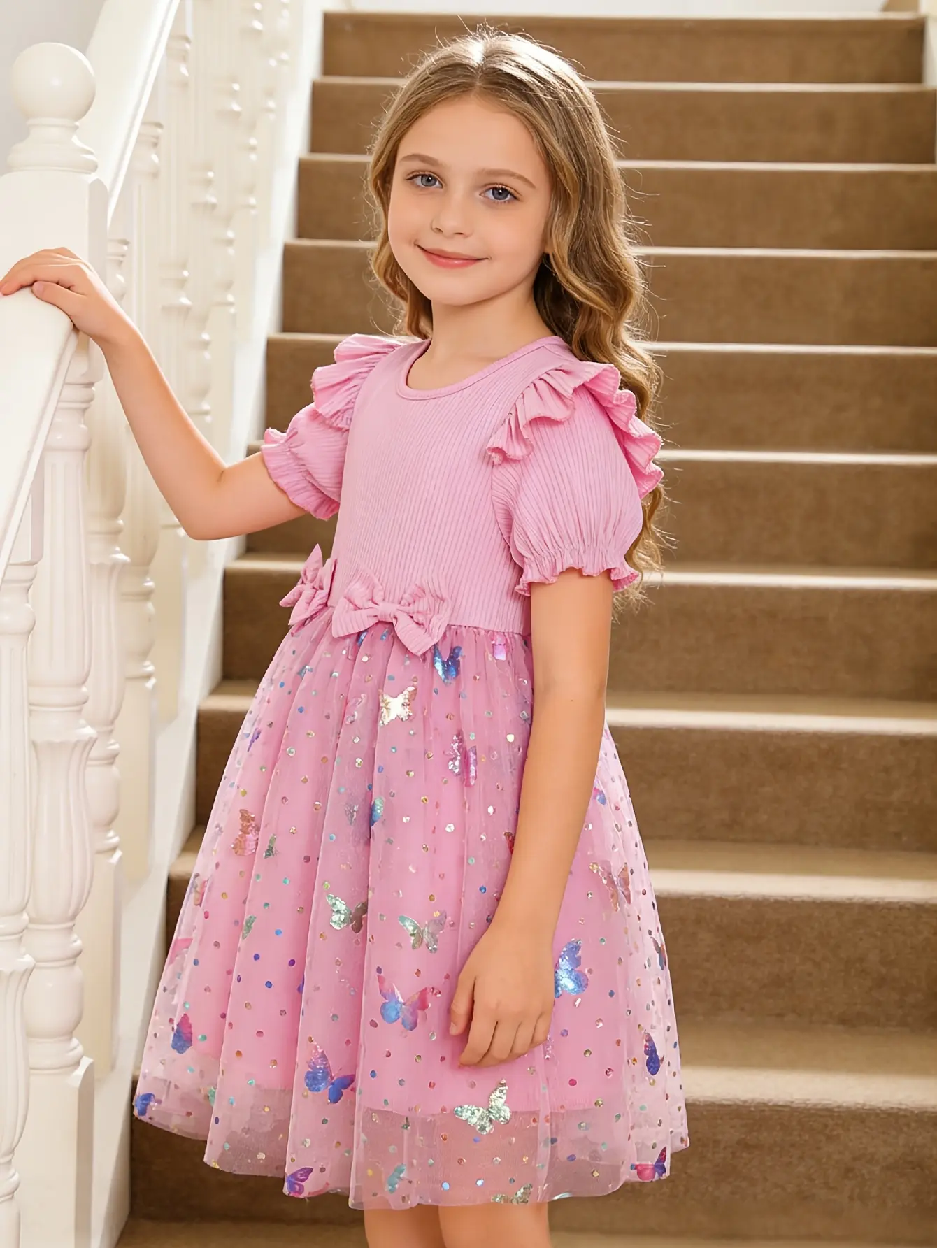 Detail 8 of Girls Ribbed 3D Butterfly Tulle Dress by LUNORIANA