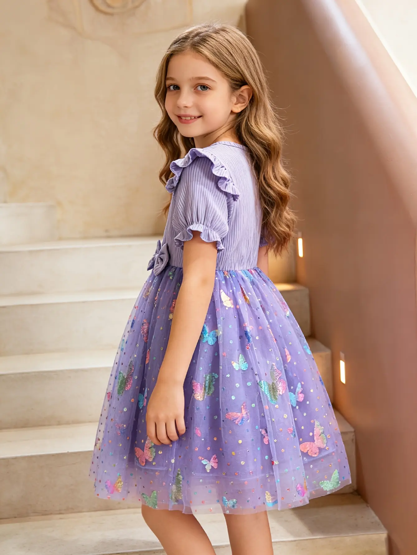 Detail 11 of Girls Ribbed 3D Butterfly Tulle Dress by LUNORIANA