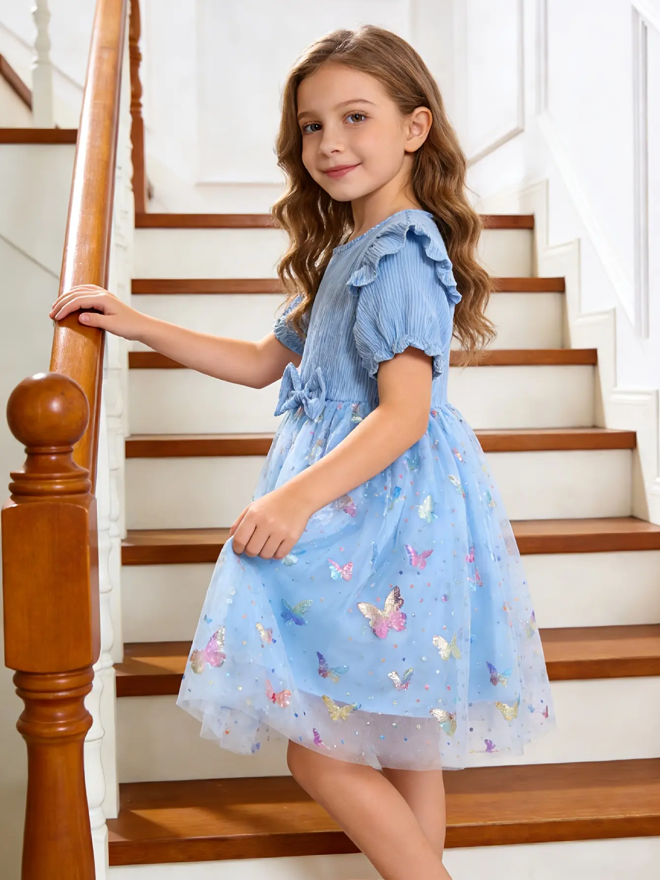 Detail 5 of Girls Ribbed 3D Butterfly Tulle Dress by LUNORIANA