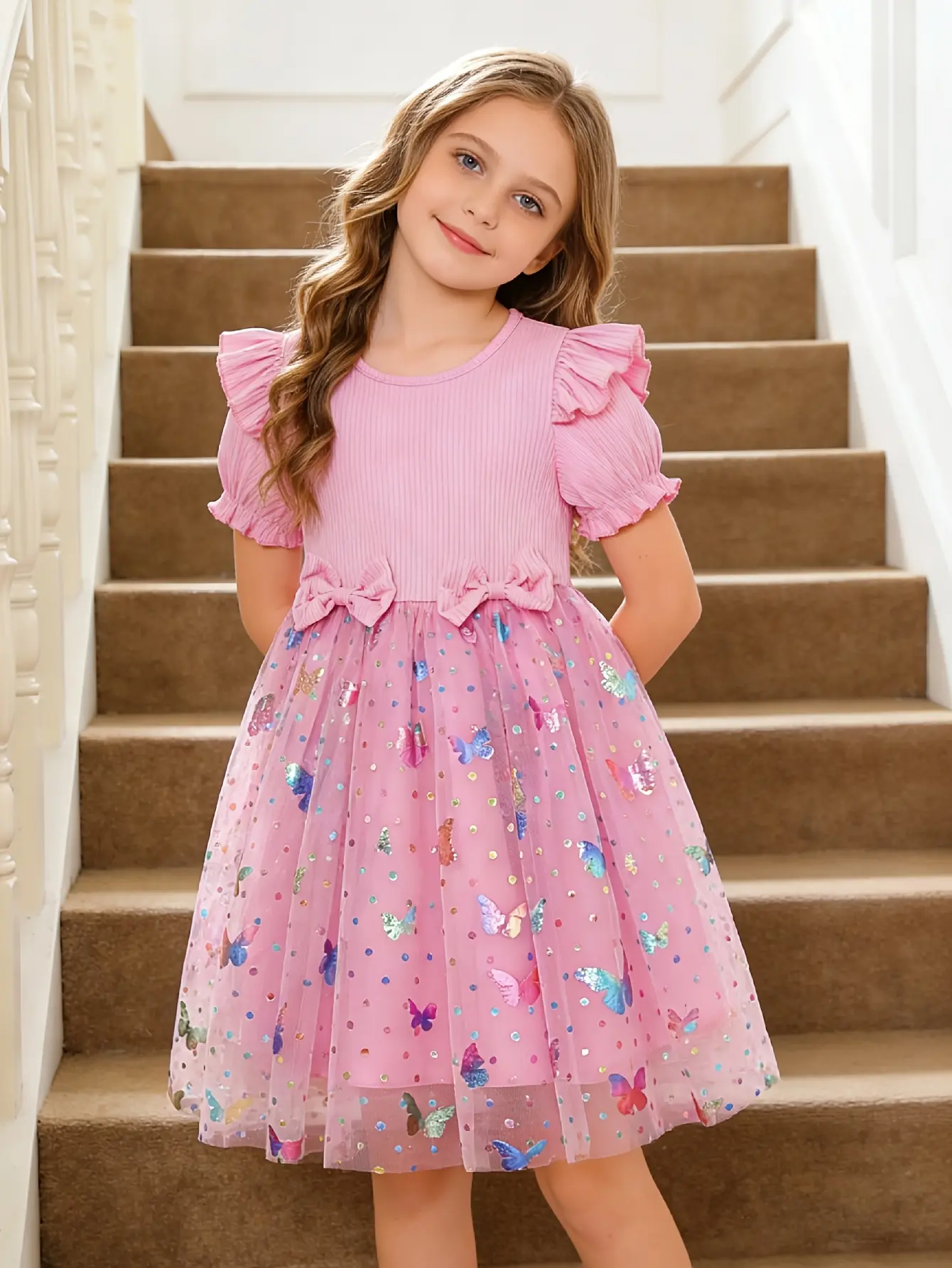 Detail 9 of Girls Ribbed 3D Butterfly Tulle Dress by LUNORIANA