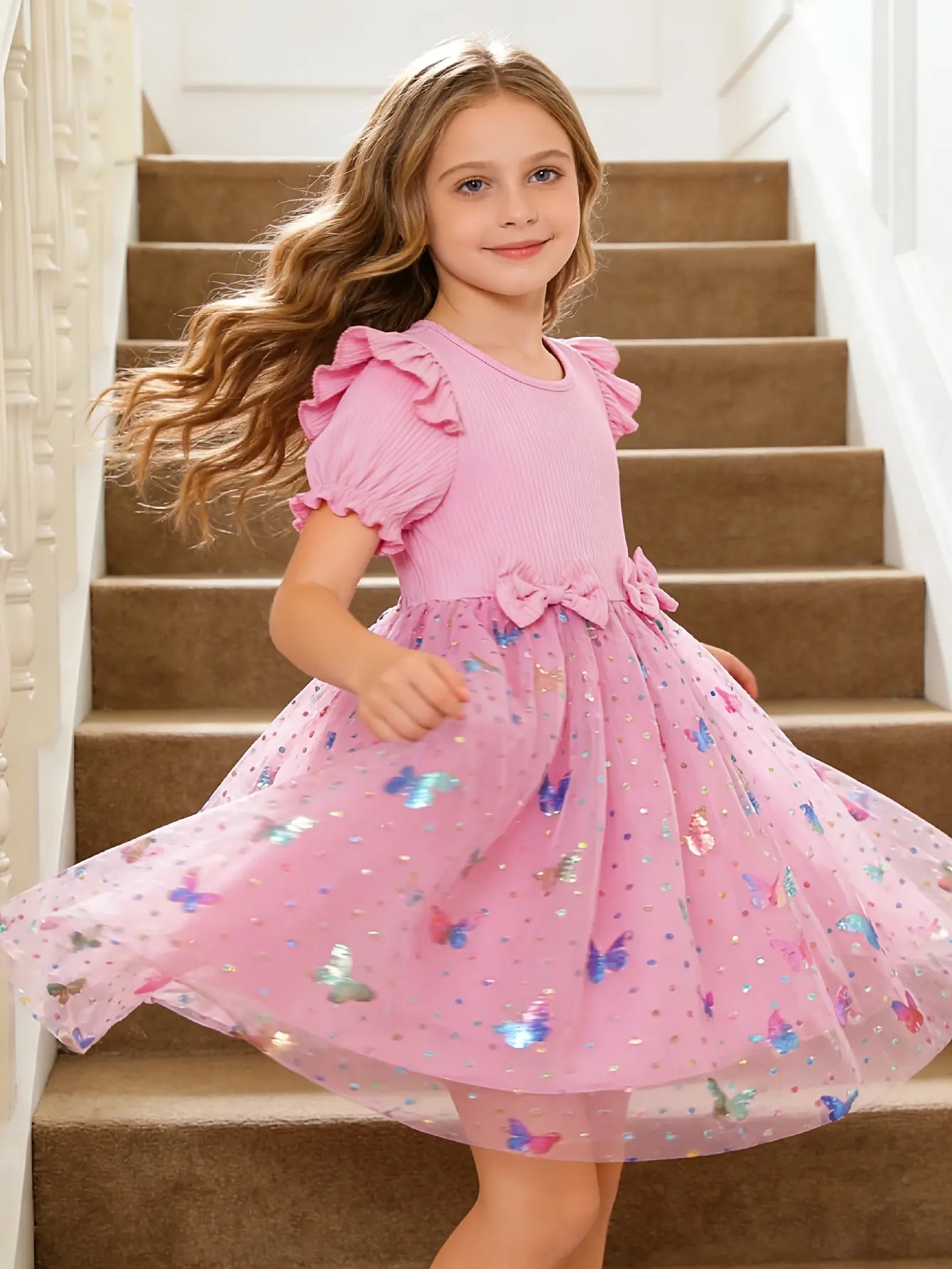 Detail 10 of Girls Ribbed 3D Butterfly Tulle Dress by LUNORIANA
