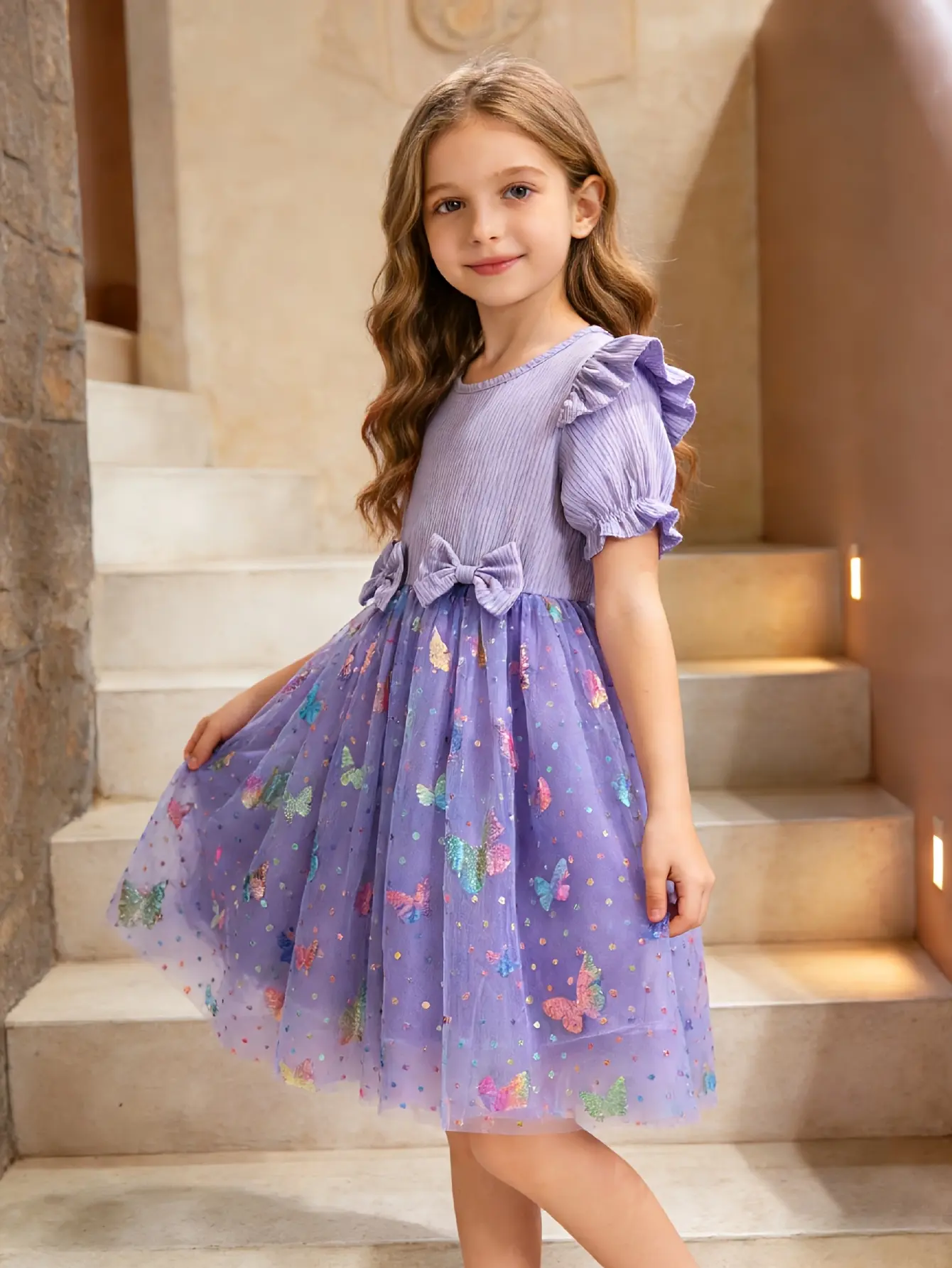 Detail 12 of Girls Ribbed 3D Butterfly Tulle Dress by LUNORIANA
