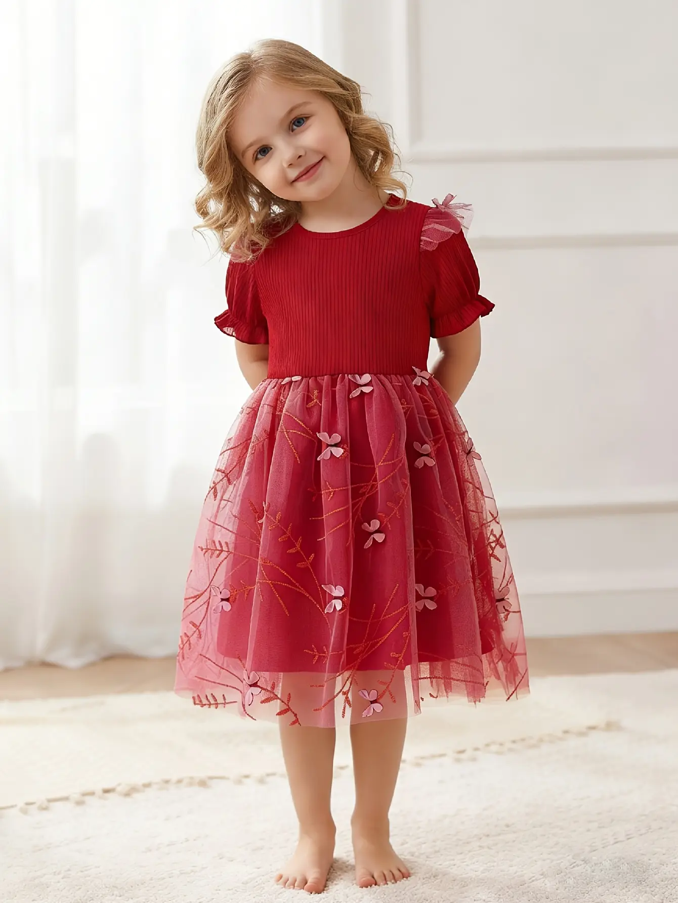 Detail 3 of Girls Red Ribbed Embroidered Floral Tulle Dress by LUNORIANA