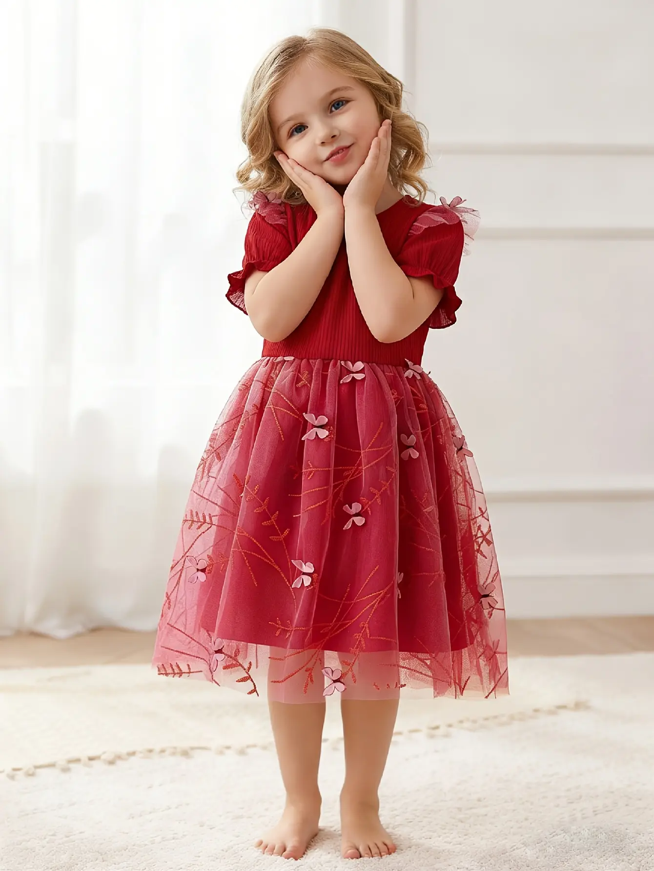 Detail 5 of Girls Red Ribbed Embroidered Floral Tulle Dress by LUNORIANA