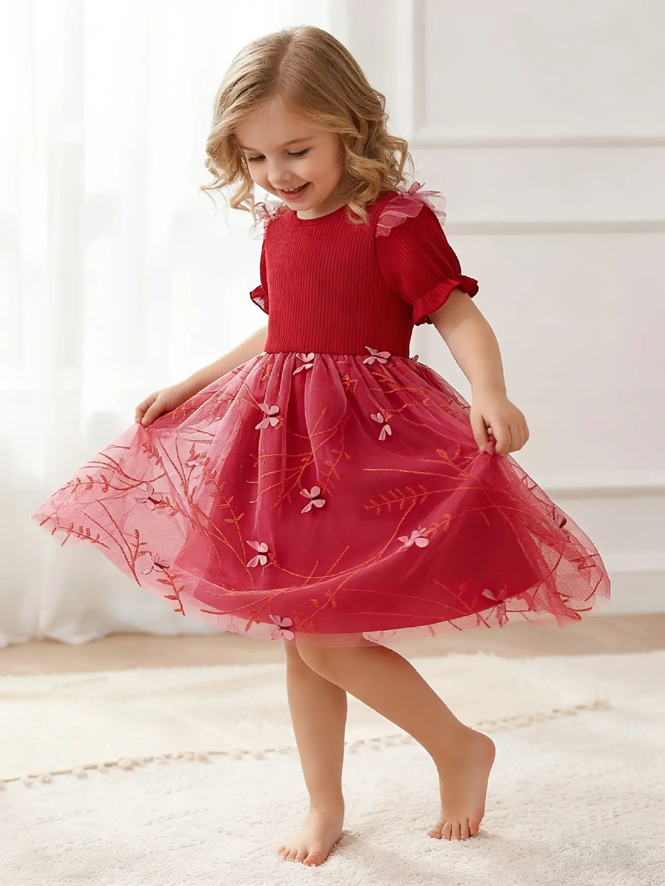 Detail 2 of Girls Red Ribbed Embroidered Floral Tulle Dress by LUNORIANA