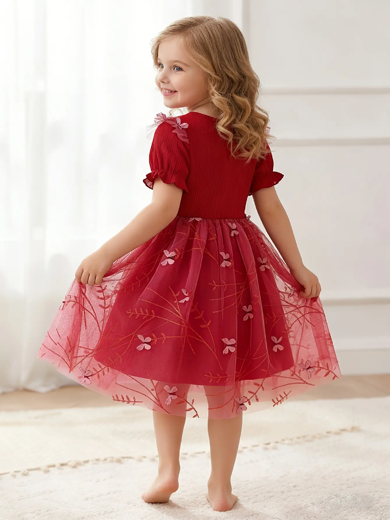 Detail 1 of Girls Red Ribbed Embroidered Floral Tulle Dress by LUNORIANA