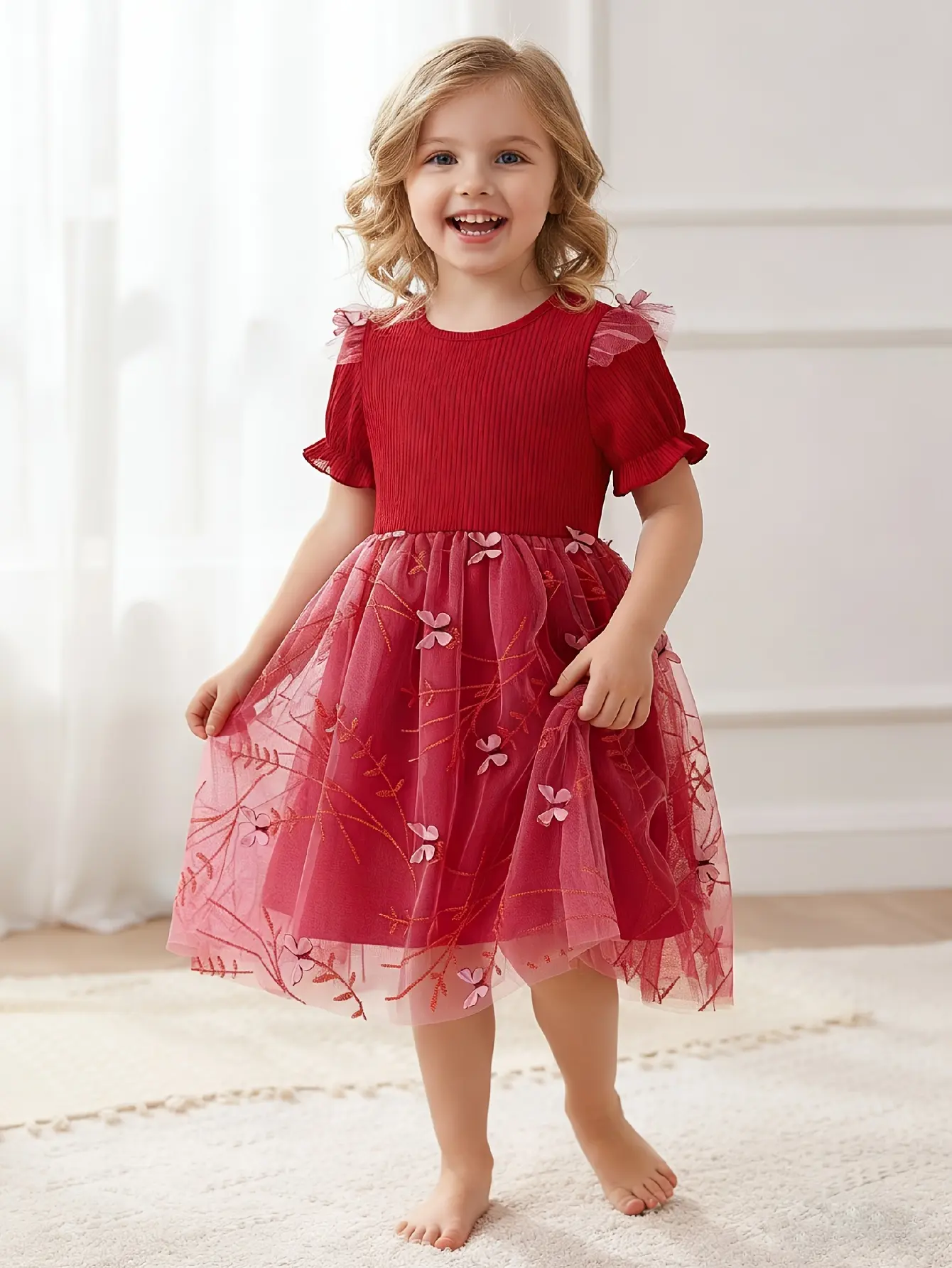 Girls Red Ribbed Embroidered Floral Tulle Dress by LUNORIANA