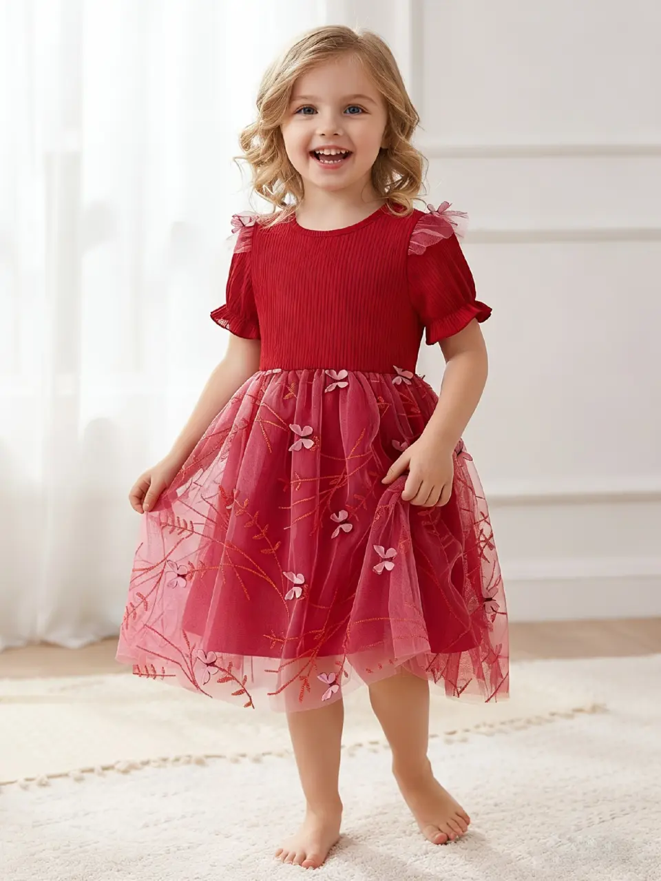 Girls Red Ribbed Embroidered Floral Tulle Dress by LUNORIANA