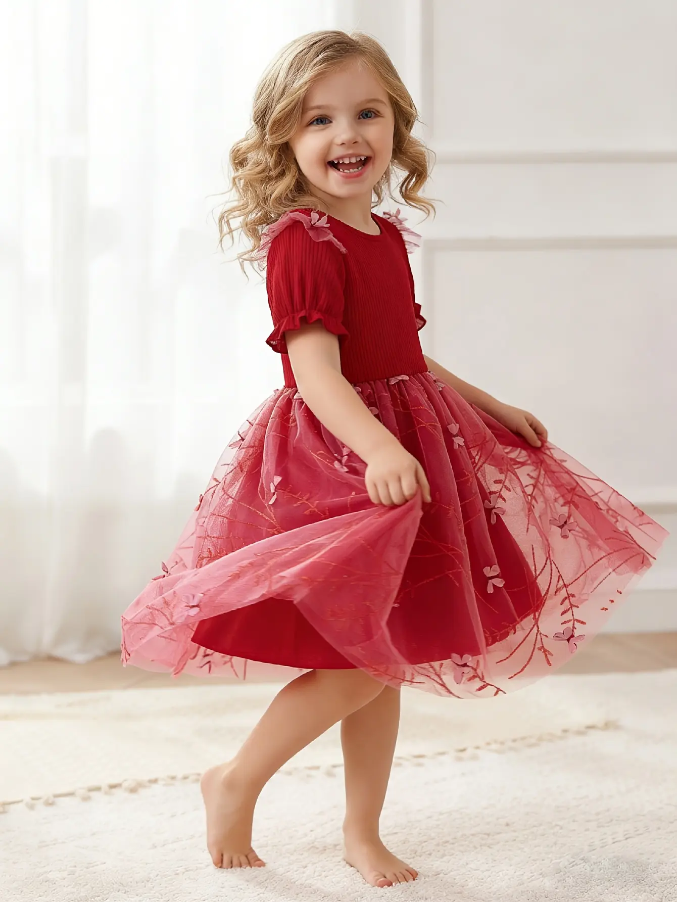 Detail 4 of Girls Red Ribbed Embroidered Floral Tulle Dress by LUNORIANA