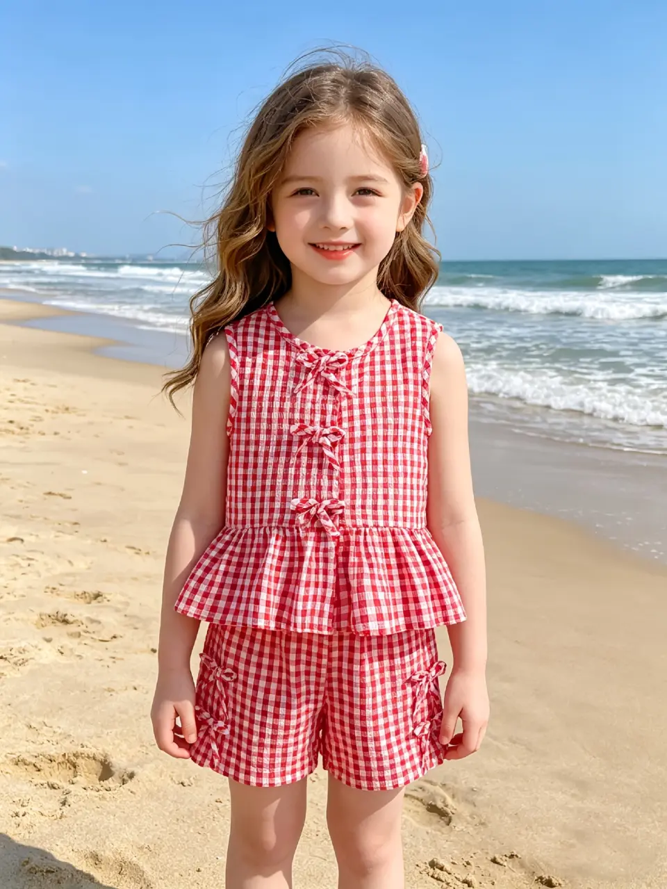 Girls French Plaid Bow Top and Shorts Set by LUNORIANA