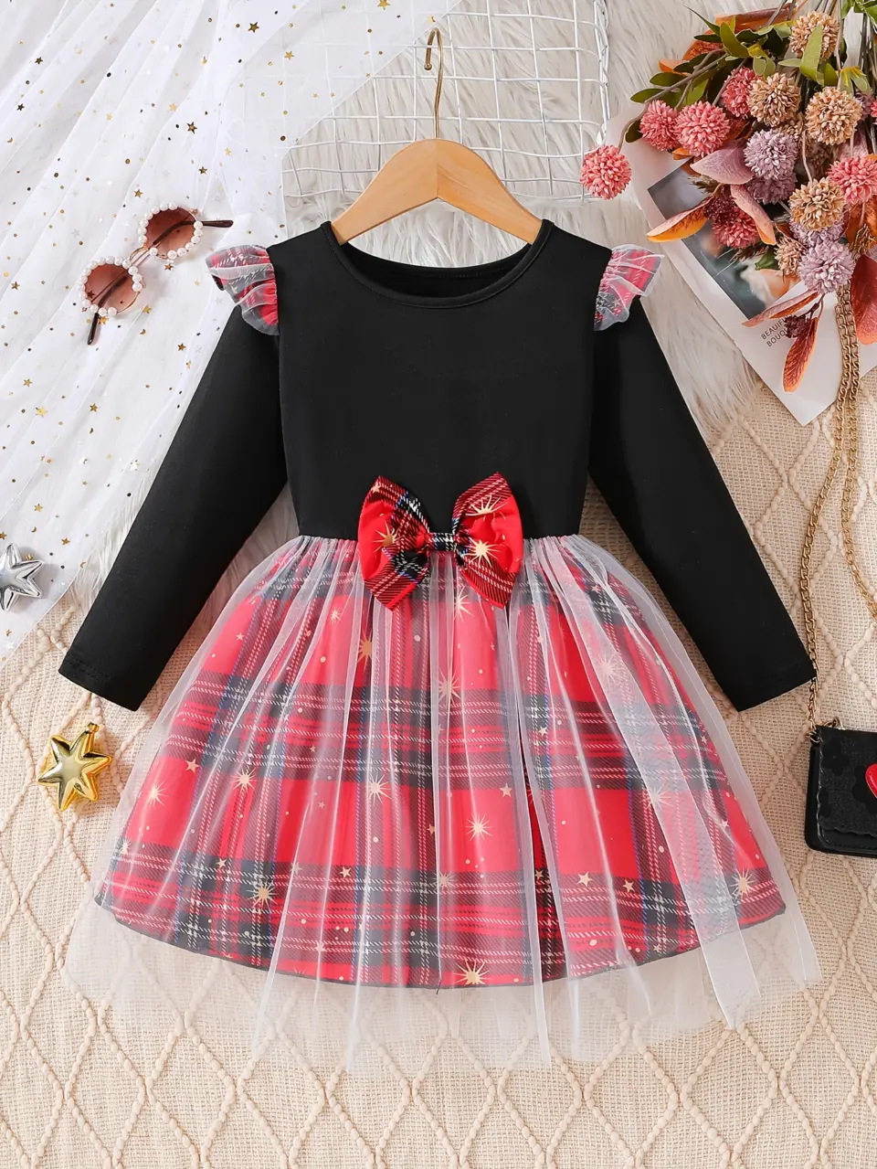 Girls Black and Red Plaid Tulle New Year Dress by LUNORIANA