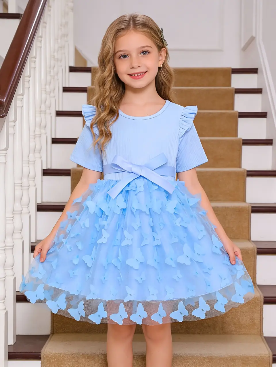 Detail view of Girls 3D Butterfly Tulle Princess Dress by LUNORIANA