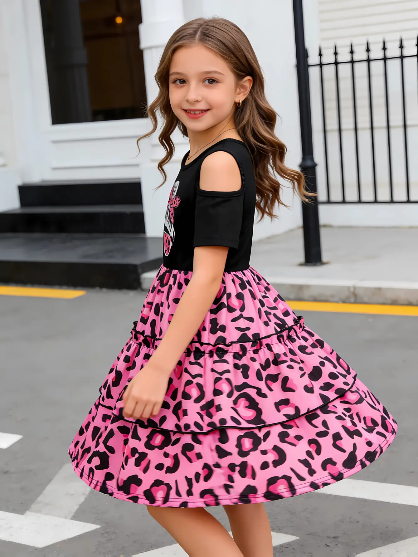 Detail 2 of Girls Off Shoulder Leopard Tiered Tulle Dress by LUNORIANA