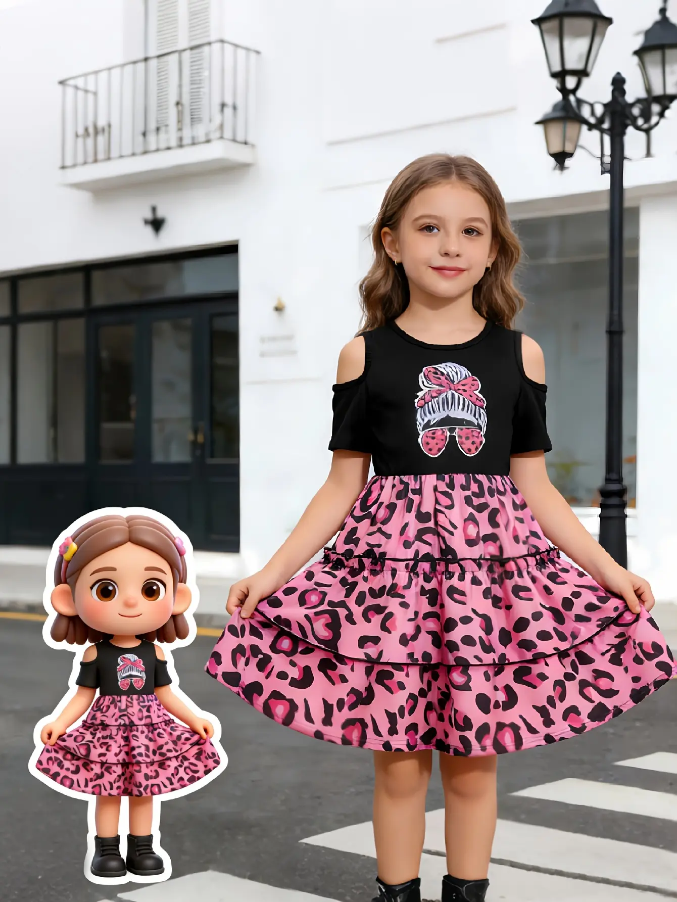 Girls Off Shoulder Leopard Tiered Tulle Dress by LUNORIANA