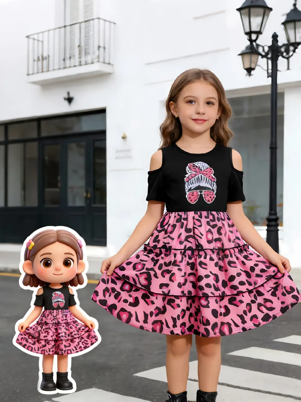 Girls Off Shoulder Leopard Tiered Tulle Dress by LUNORIANA