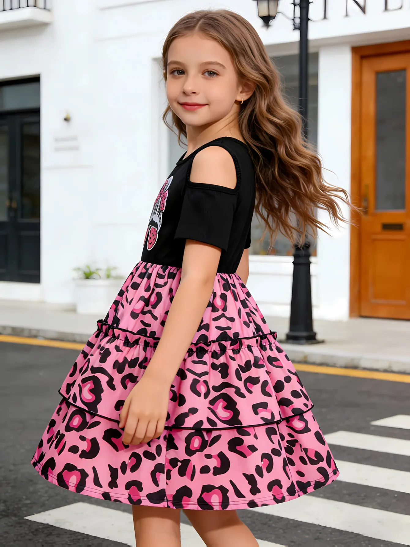 Detail 1 of Girls Off Shoulder Leopard Tiered Tulle Dress by LUNORIANA