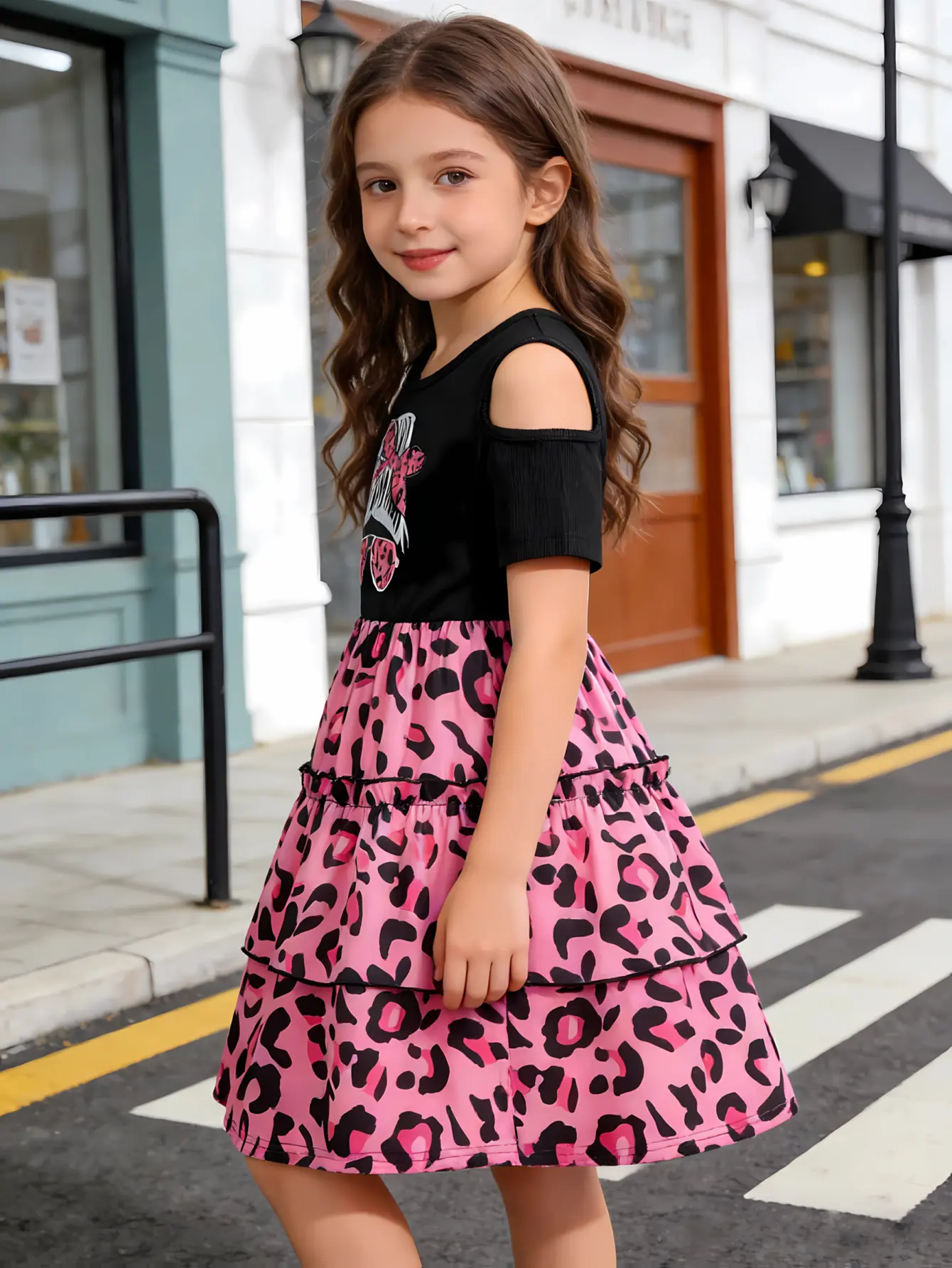 Detail 4 of Girls Off Shoulder Leopard Tiered Tulle Dress by LUNORIANA