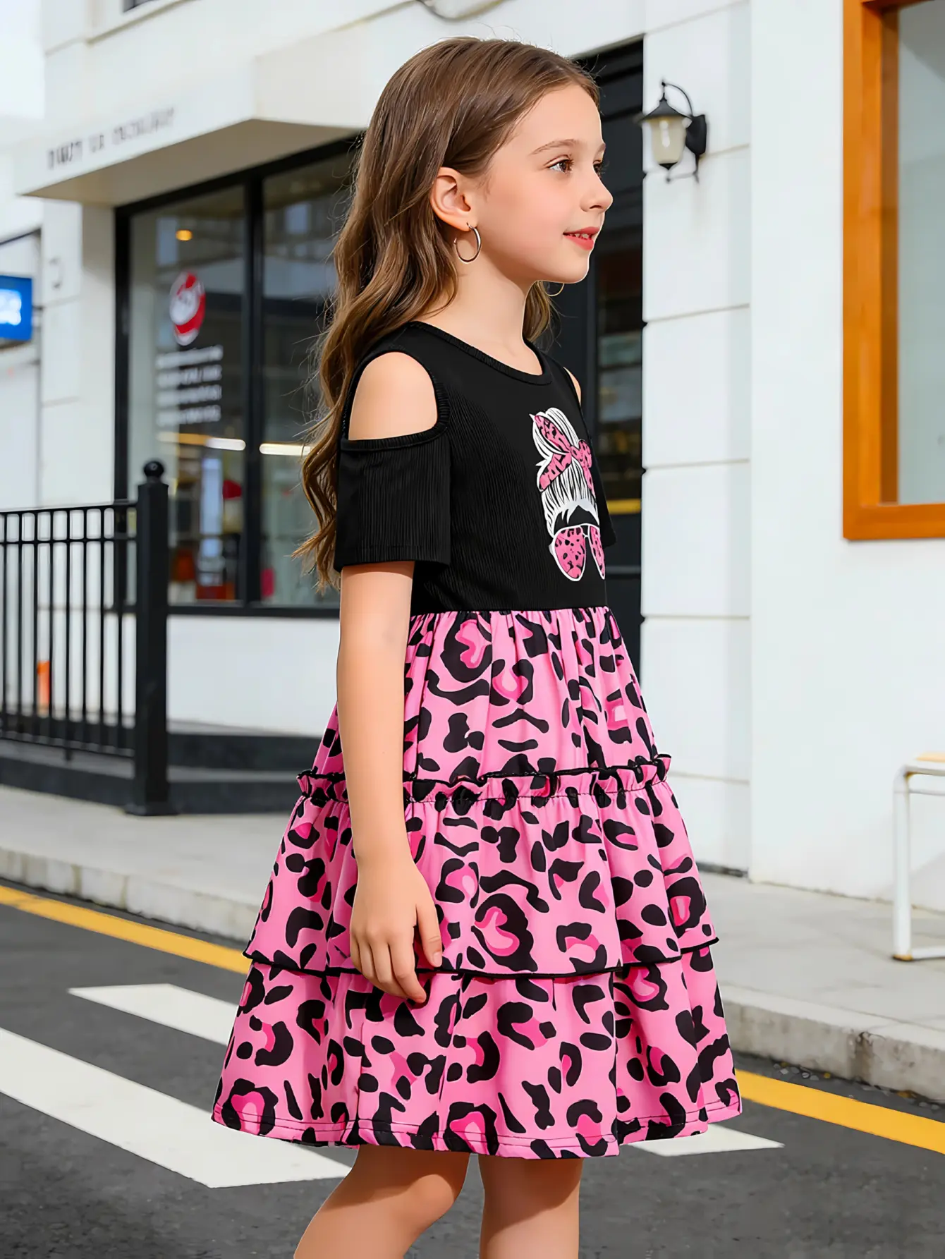 Detail 3 of Girls Off Shoulder Leopard Tiered Tulle Dress by LUNORIANA