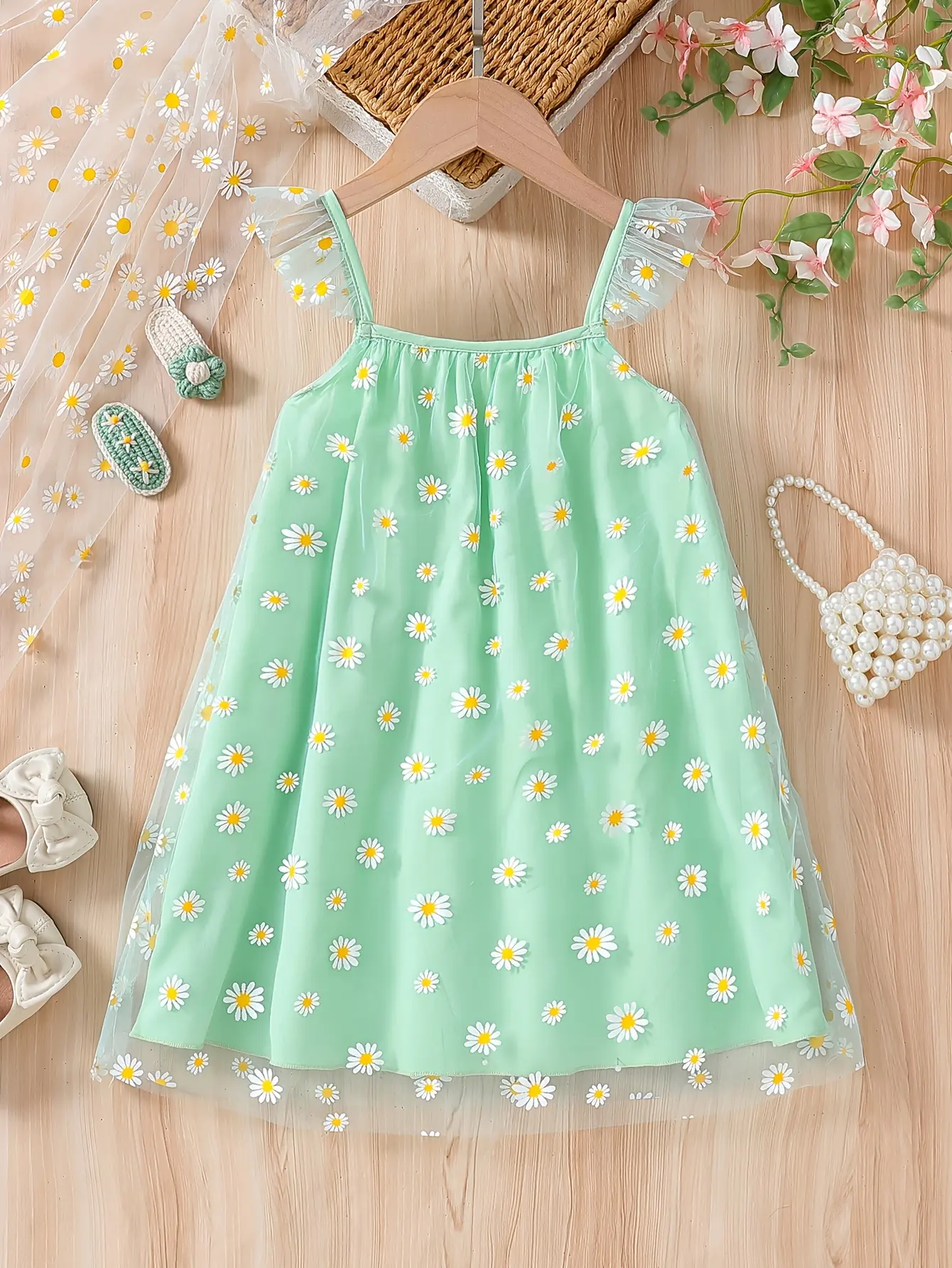 Girls Daisy Tulle Cami Summer Dress in green by LUNORIANA