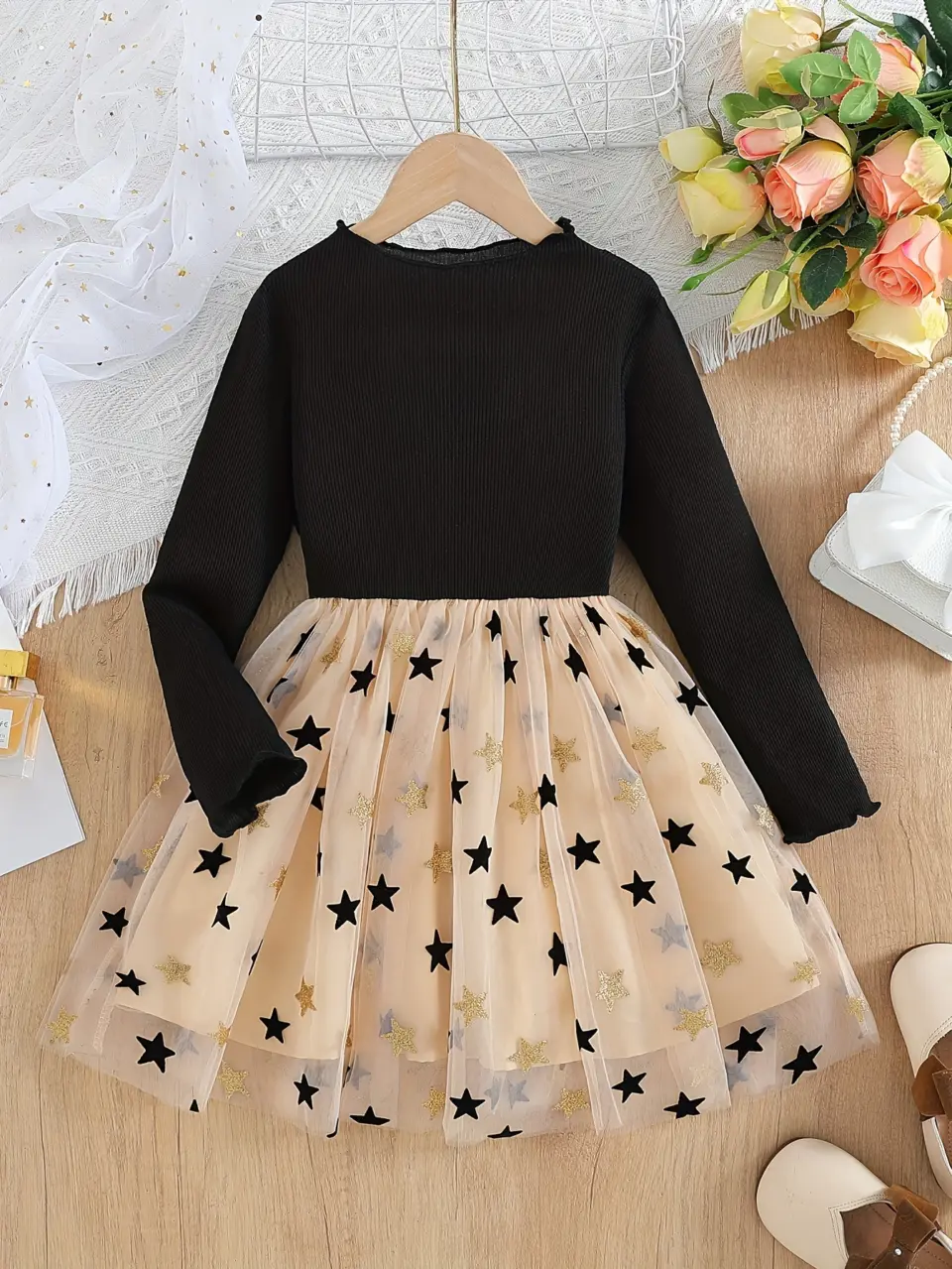 Girls Star Sequin Beige Tulle Princess Dress by LUNORIANA