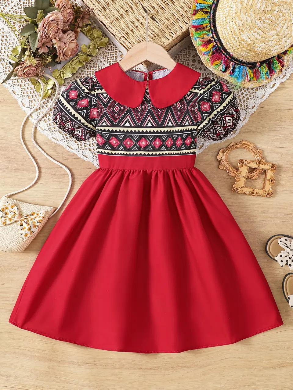 Girls Doll Collar Geometric Boho Dress by LUNORIANA