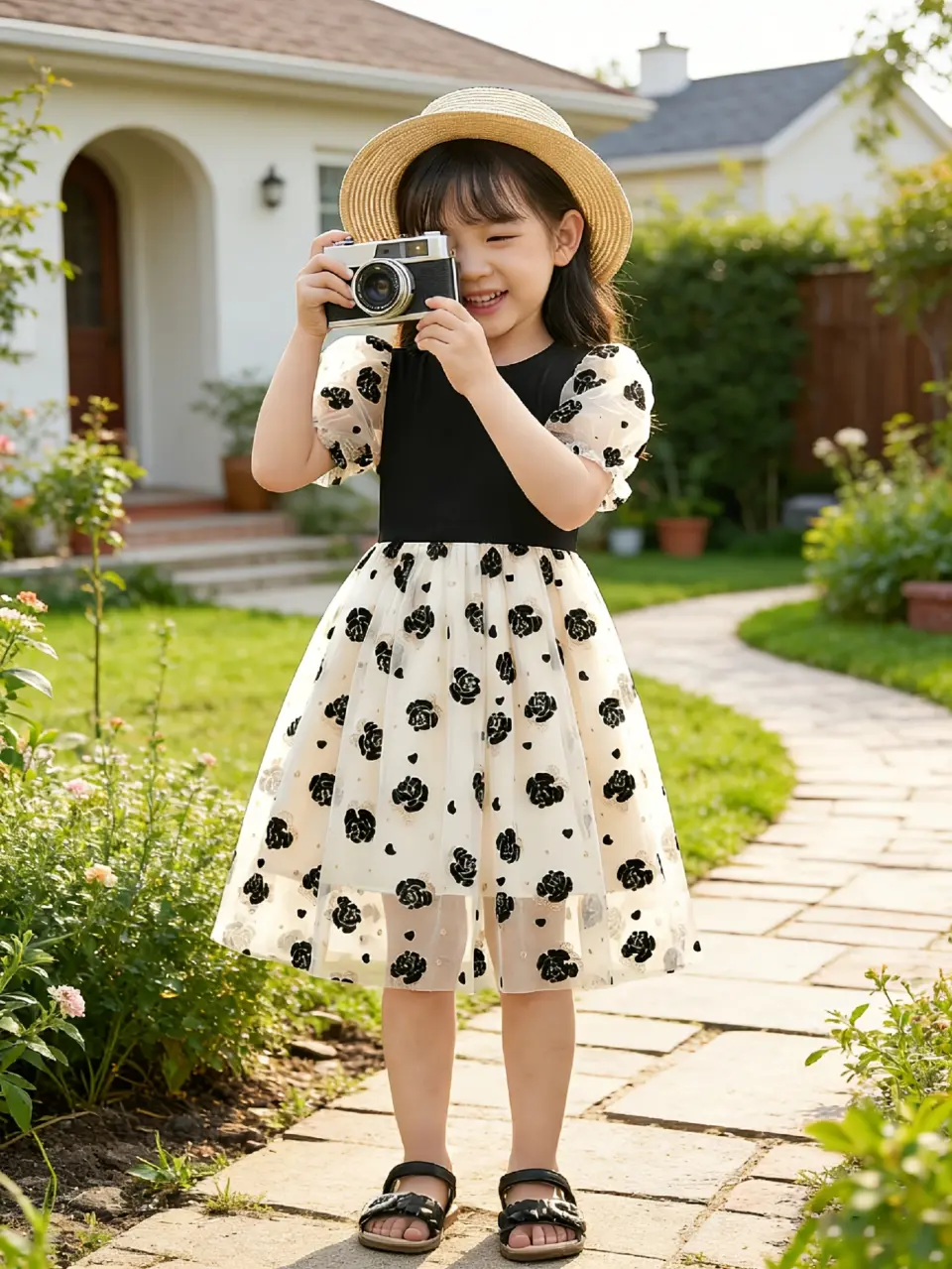 Girls Rose Tulle Puff Sleeve Vacation Dress in multicolor by LUNORIANA