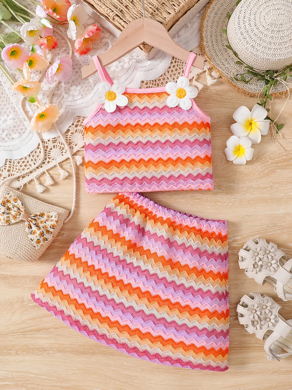 Girls Striped Cami Top and Skirt Set with Floral Accents
