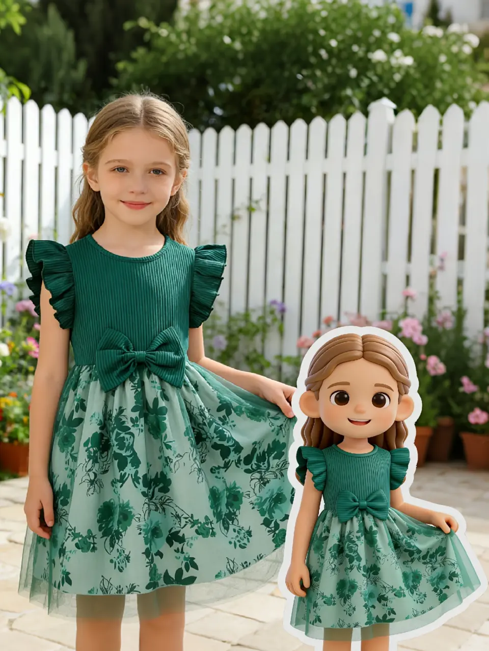 Girls Dark Green Ribbed Floral Tulle Dress by LUNORIANA