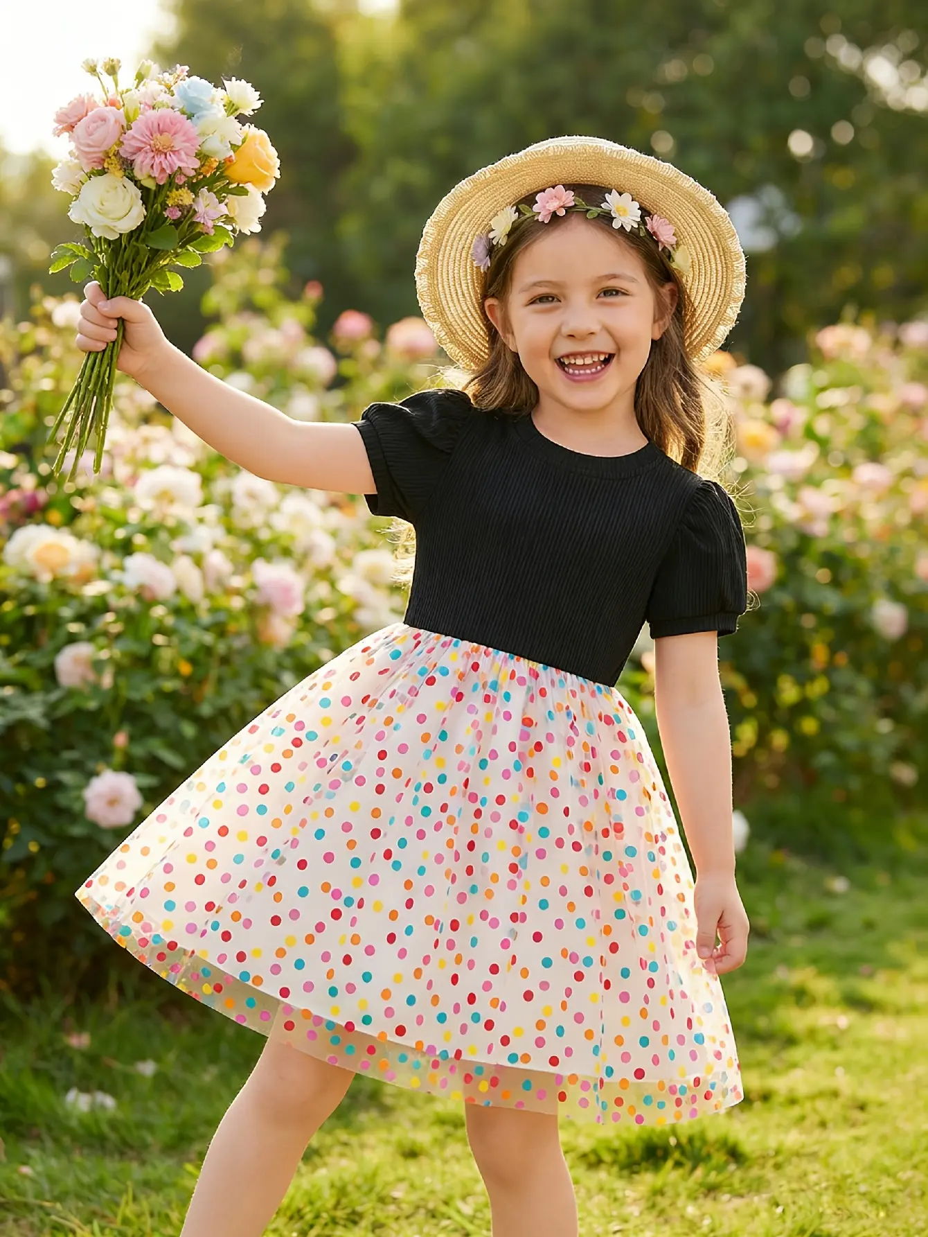 Detail 2 of Girls Black Puff Sleeve Rainbow Dot Tulle Dress by LUNORIANA