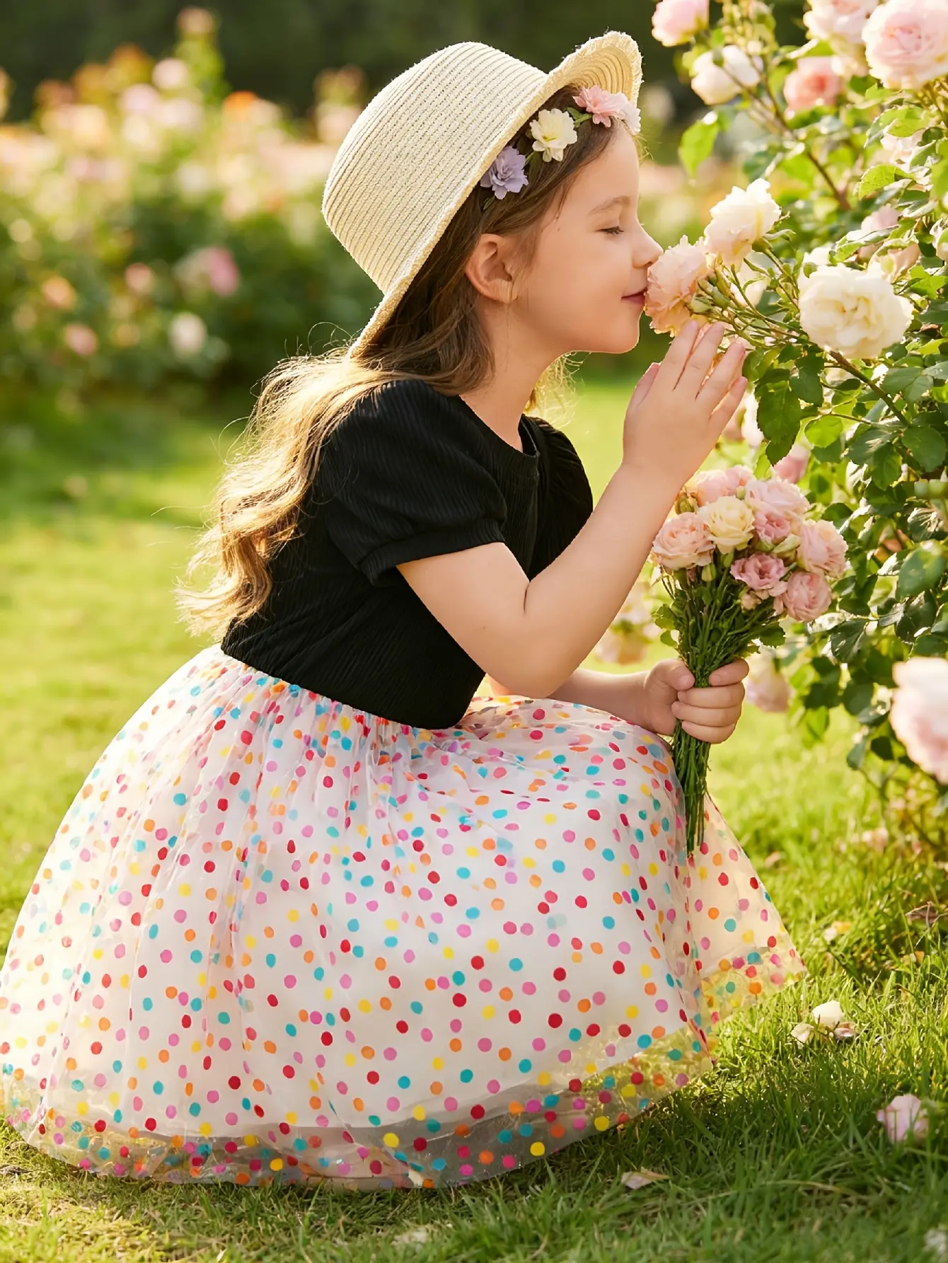 Detail 5 of Girls Black Puff Sleeve Rainbow Dot Tulle Dress by LUNORIANA