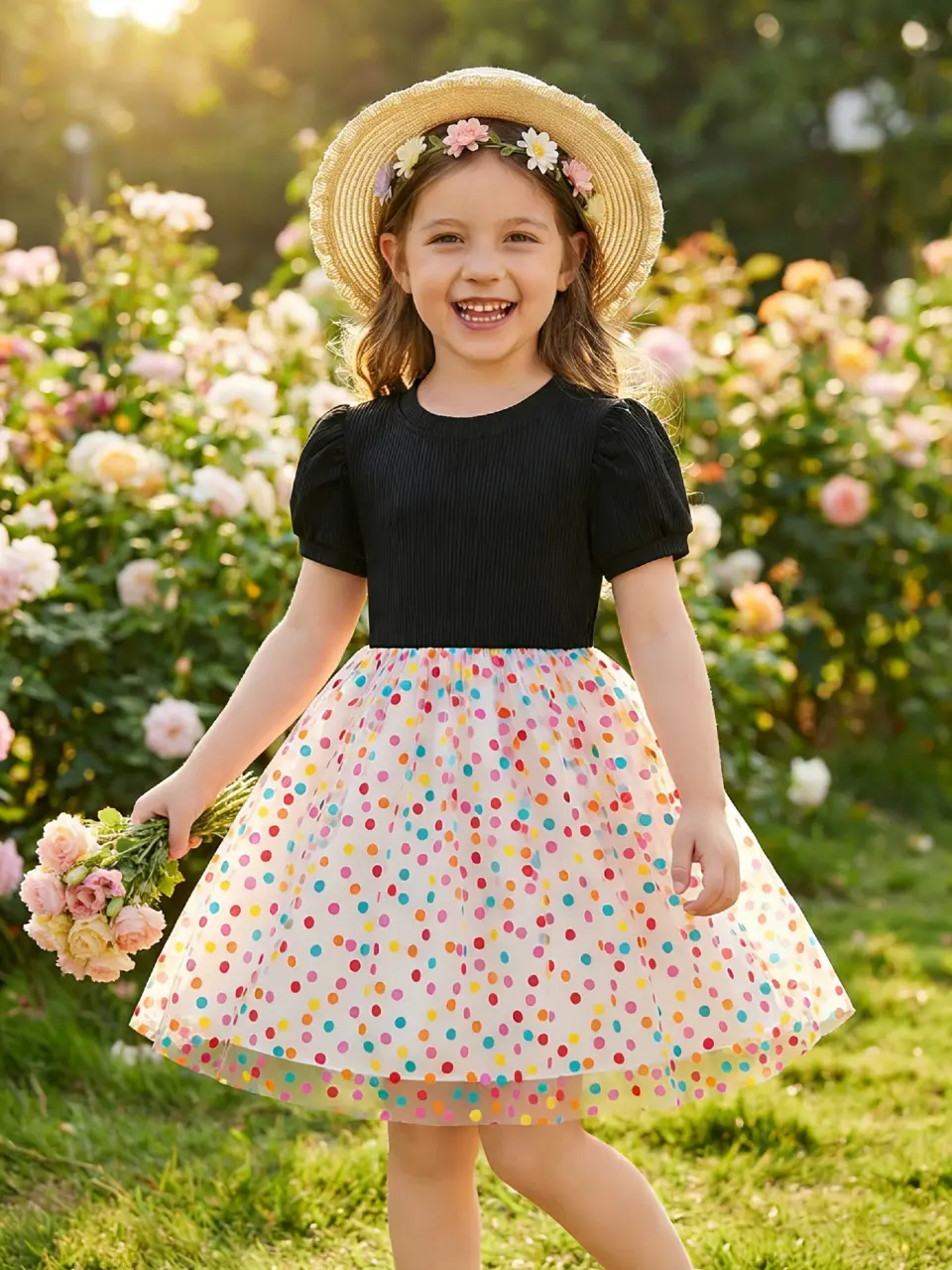 Girls Black Puff Sleeve Rainbow Dot Tulle Dress by LUNORIANA