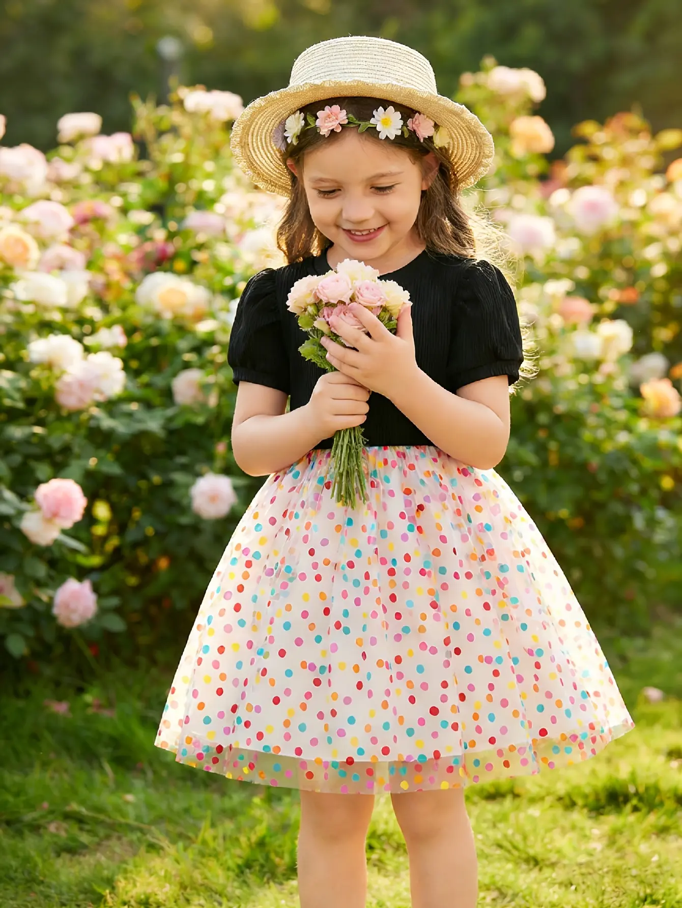 Detail 3 of Girls Black Puff Sleeve Rainbow Dot Tulle Dress by LUNORIANA
