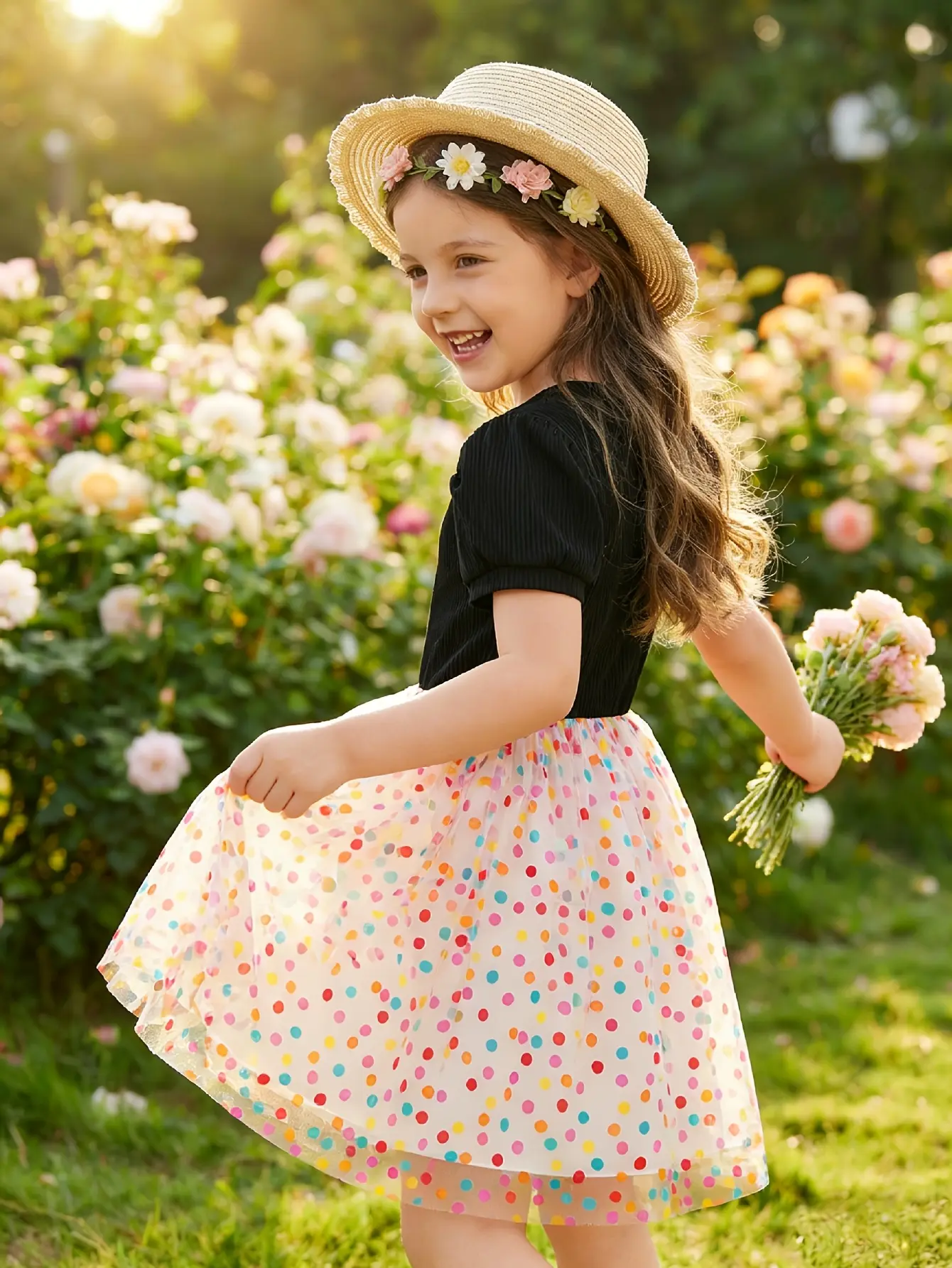 Detail 1 of Girls Black Puff Sleeve Rainbow Dot Tulle Dress by LUNORIANA